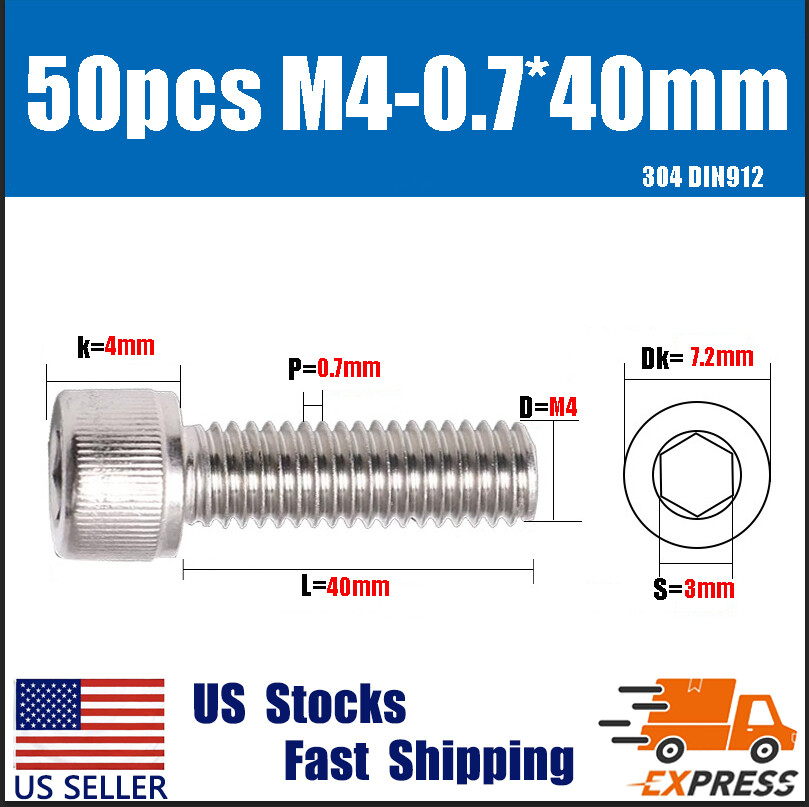 50PCS New M4X 40mm 304 Stainless Steel Allen Hex Socket Cap Head Screws DIN912