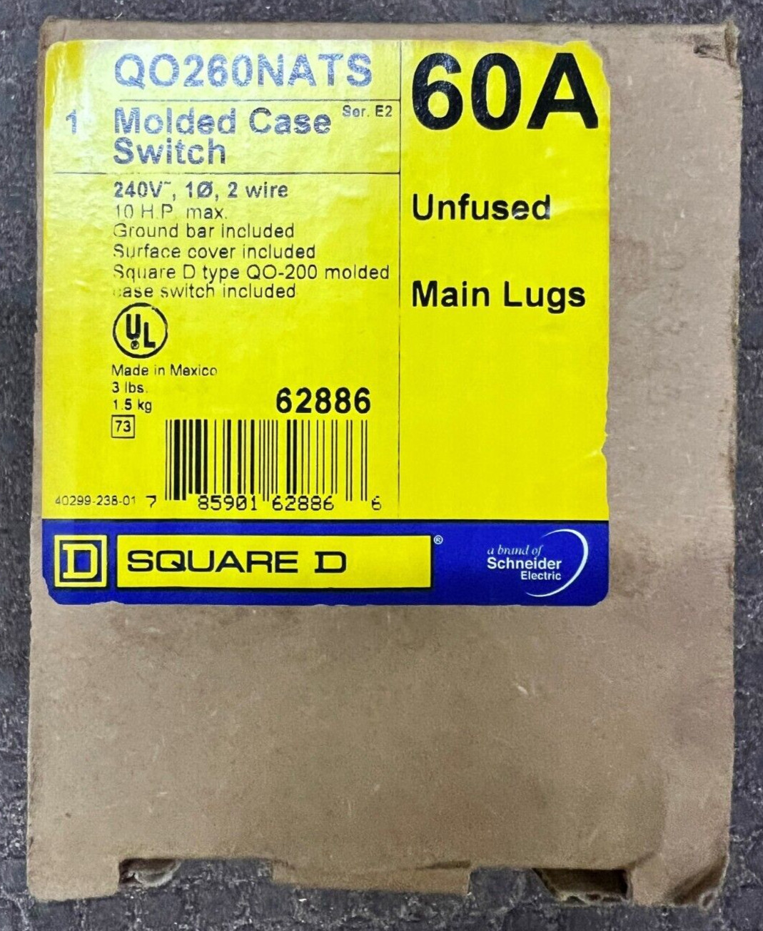 Square D QO260NATS Molded Case Switch & Breaker – 60 A, 1 Pole, 240 VAC