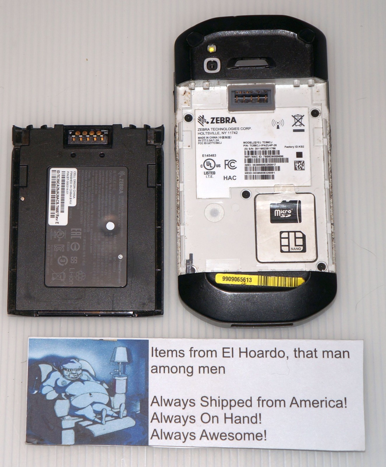 Zebra TC56 TC56CJ-1PAZU4P-25 Touch Computer Barcode Scanner & Battery