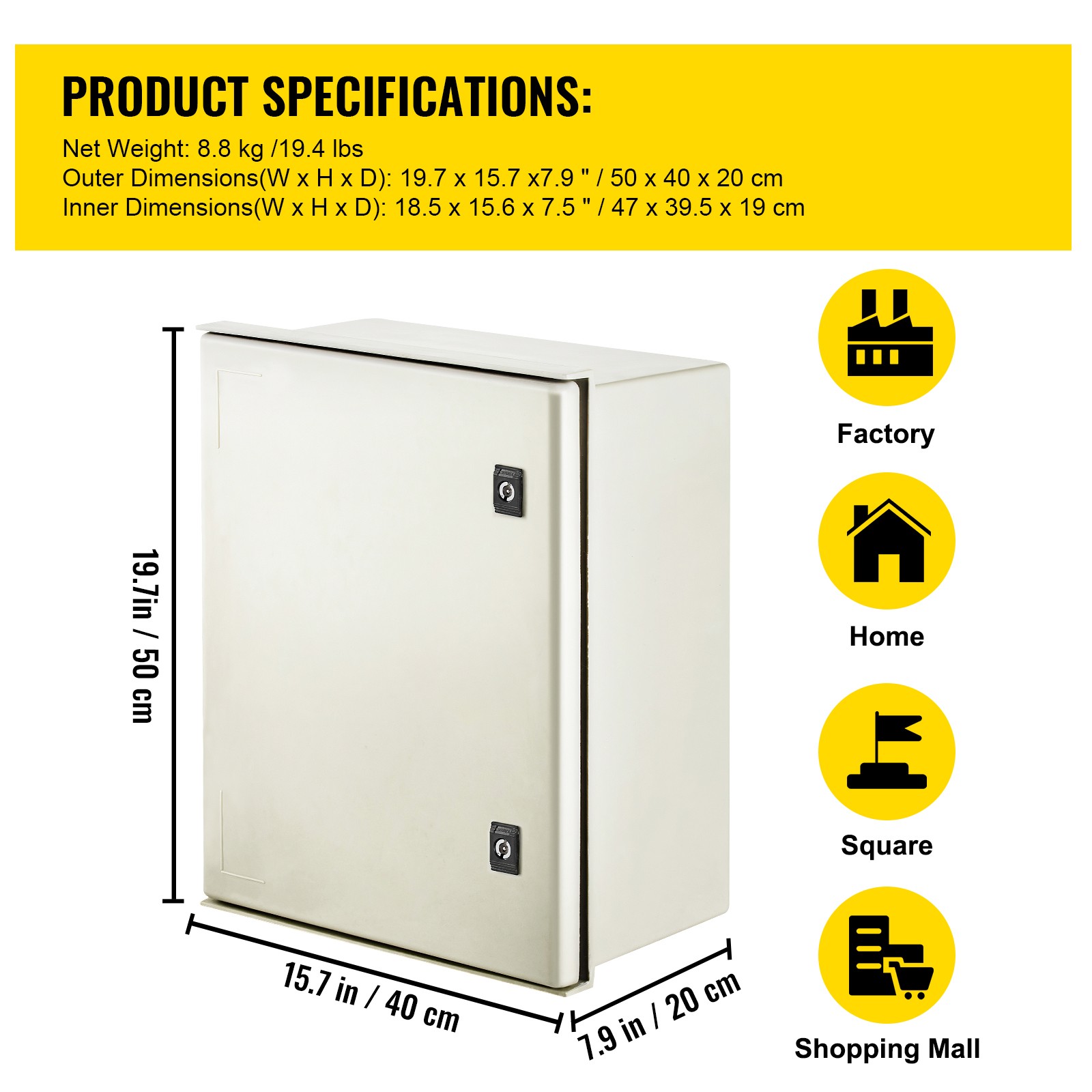 VEVOR 20x16x8″ Fiberglass Electrical Enclosure NEMA Type 3 IP65 Junction Box