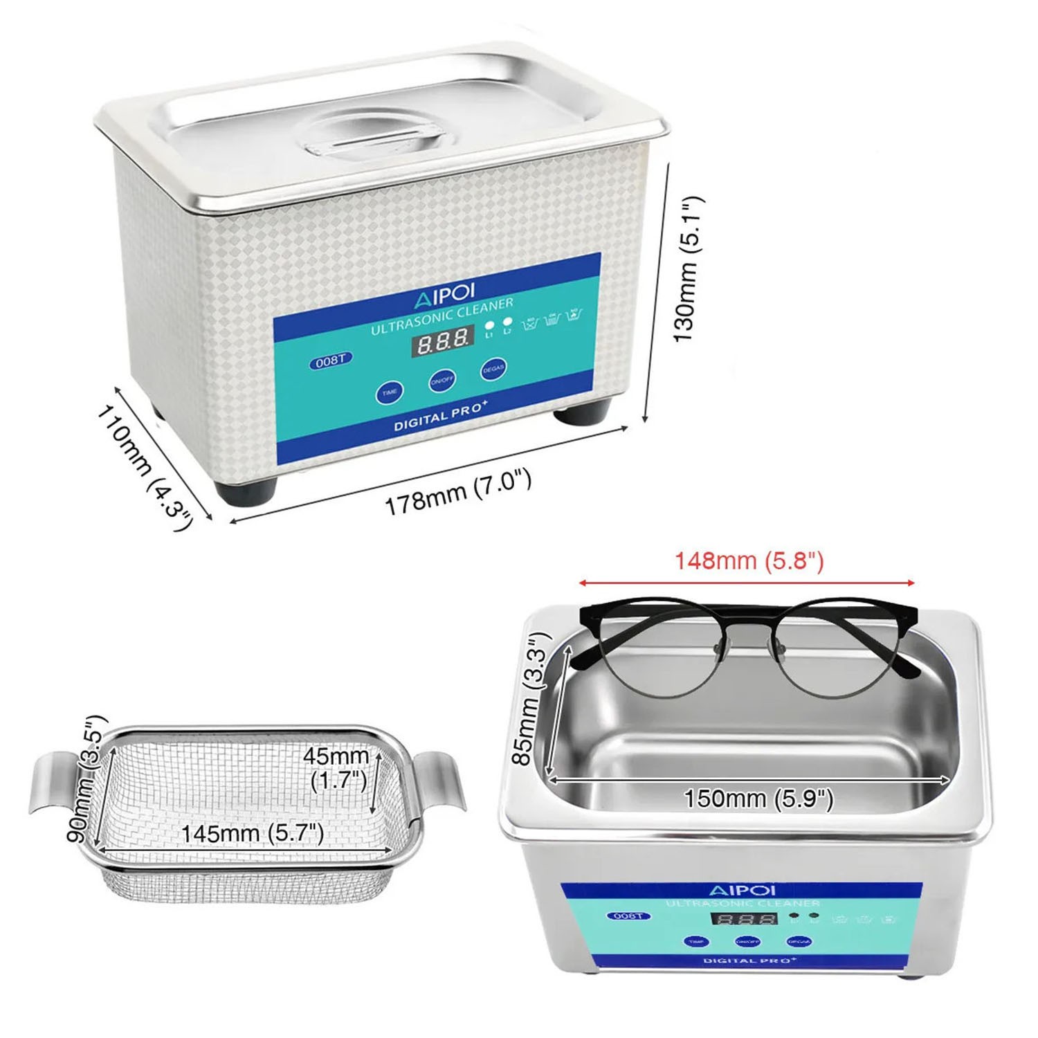 0.8L Ultrasonic Cleaner Stainless Steel Tank & Digital Timer for Jewelry Glasses