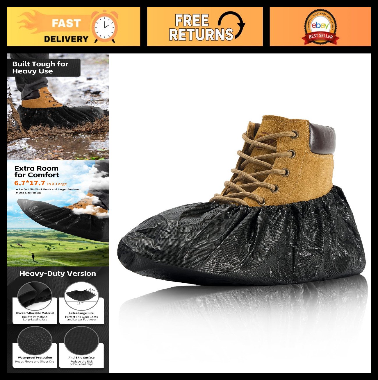 Disposable Heavy Duty Shoe Covers, XL Waterproof Booties, Non-Slip, 100 Pack for
