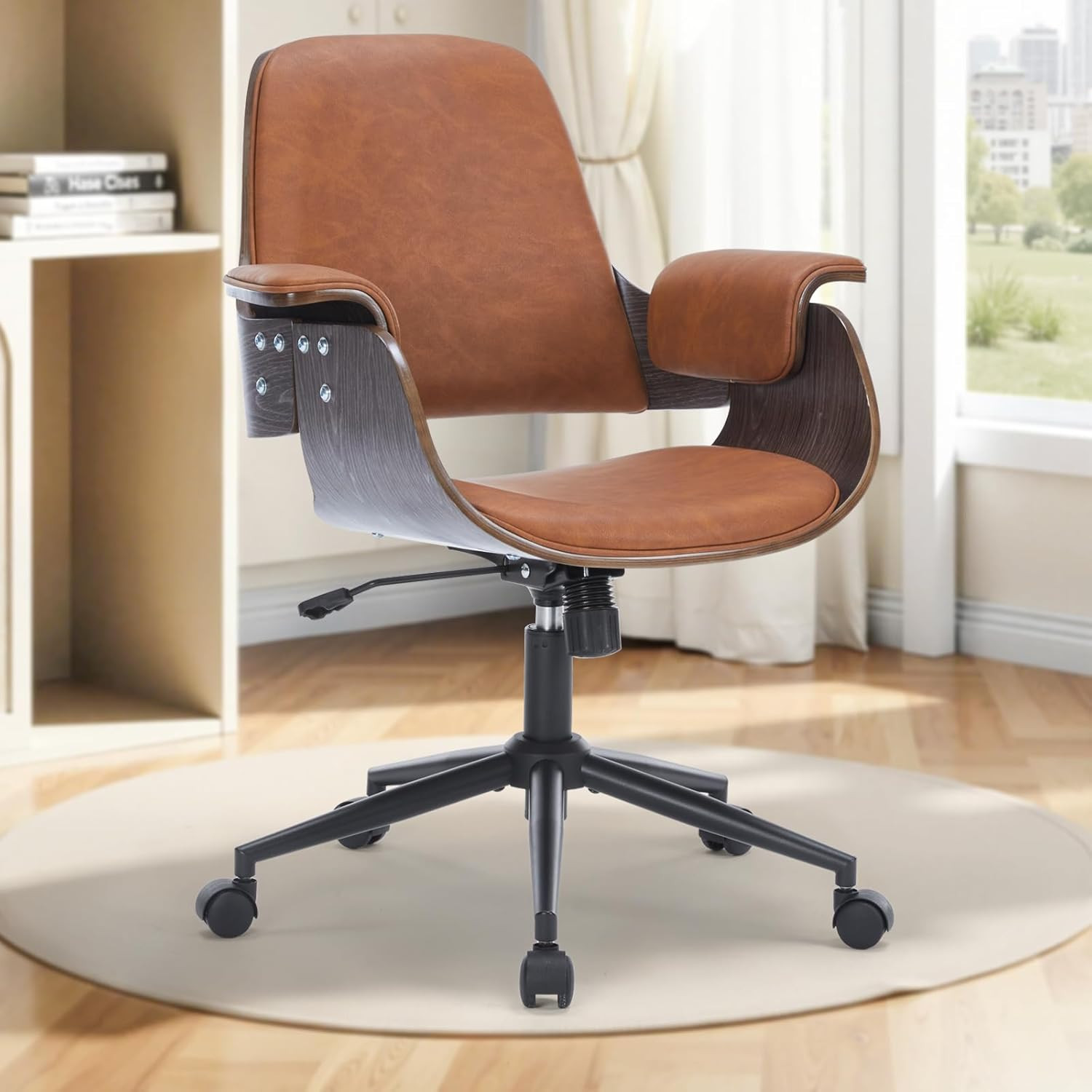 Ergonomic Mid Century Modern Swivel Office Chair with Walnut Finish – Brown