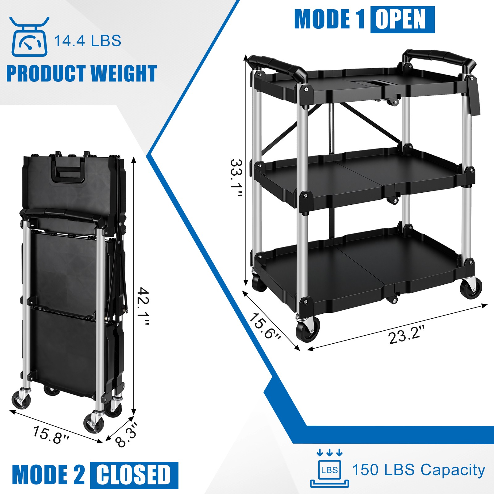 Folding Collapsible Utility Service Cart 3 Shelf 150LB w/ Swivel Lockable Wheels