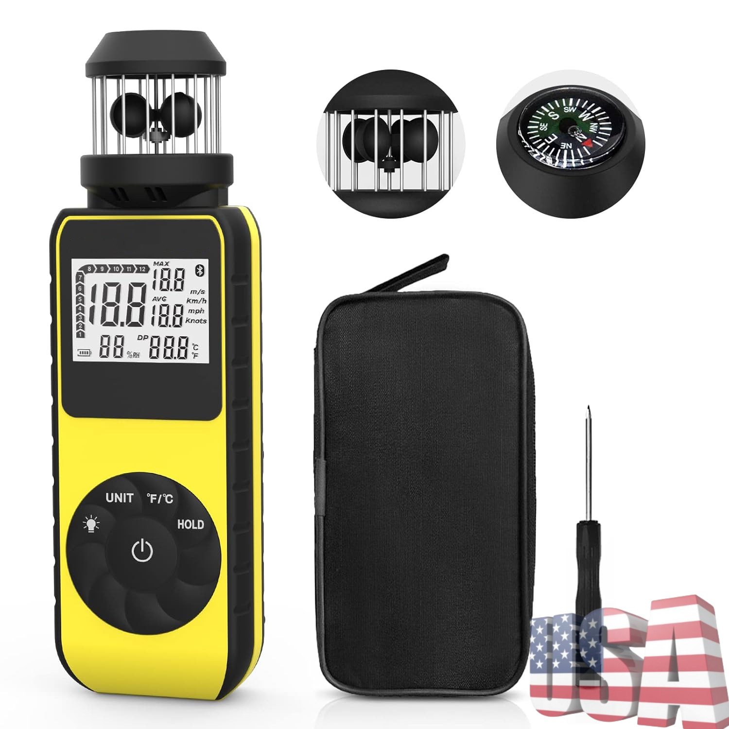 Anemometer Wind Speed Meter & temp LCD Backlight Data Hold mph/℉ Air Flow Gauge