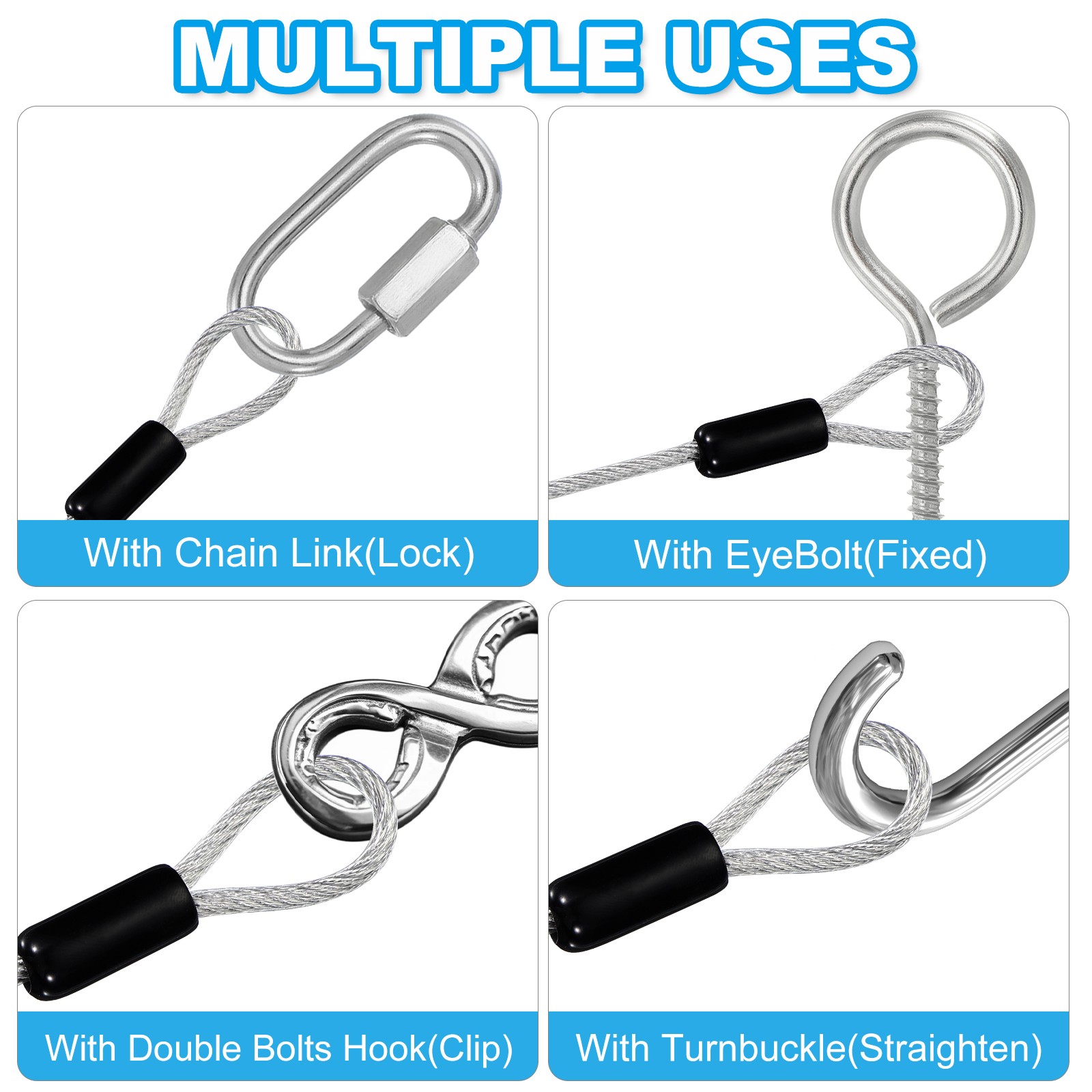 2 Pcs 3/16″ Dia 3 ft (39″) Vinyl Stainless Steel Cable with Loops Clear