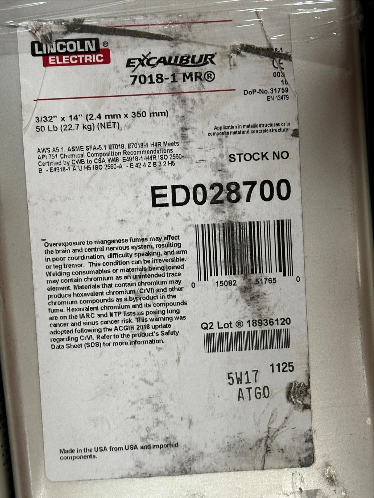 50lb Lincoln Elec Excalibur 7018-1 MR 3/32″x14″ Welding Rods ED028700
