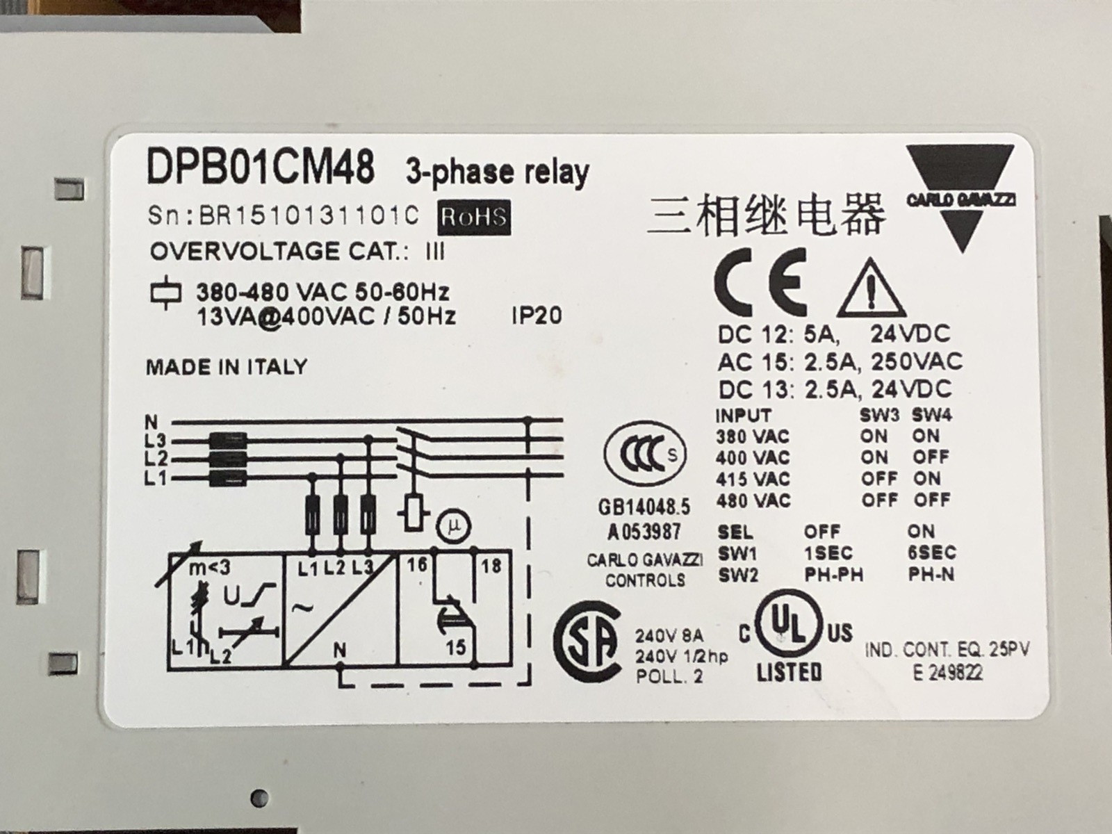 Carlo Gavazzi DPB01CM48 Phase Monitoring Relay 380-480VAC 3 Ph Adjust Delay SPDT
