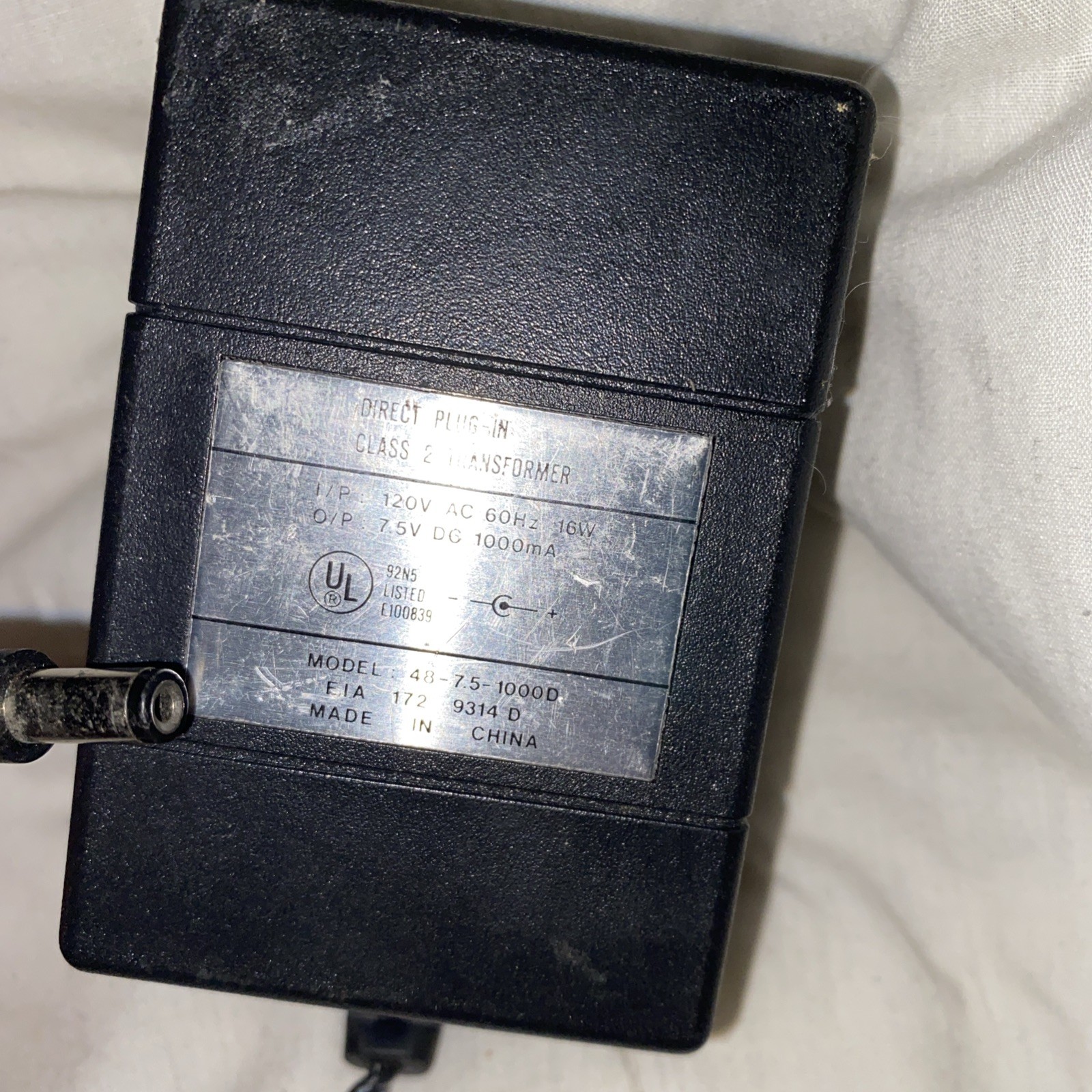 Transformer Class 2 I/p 120v Ac 60 Hz 16w O/p 7.5v Dc 1000ma UL 92 N5 Model 48