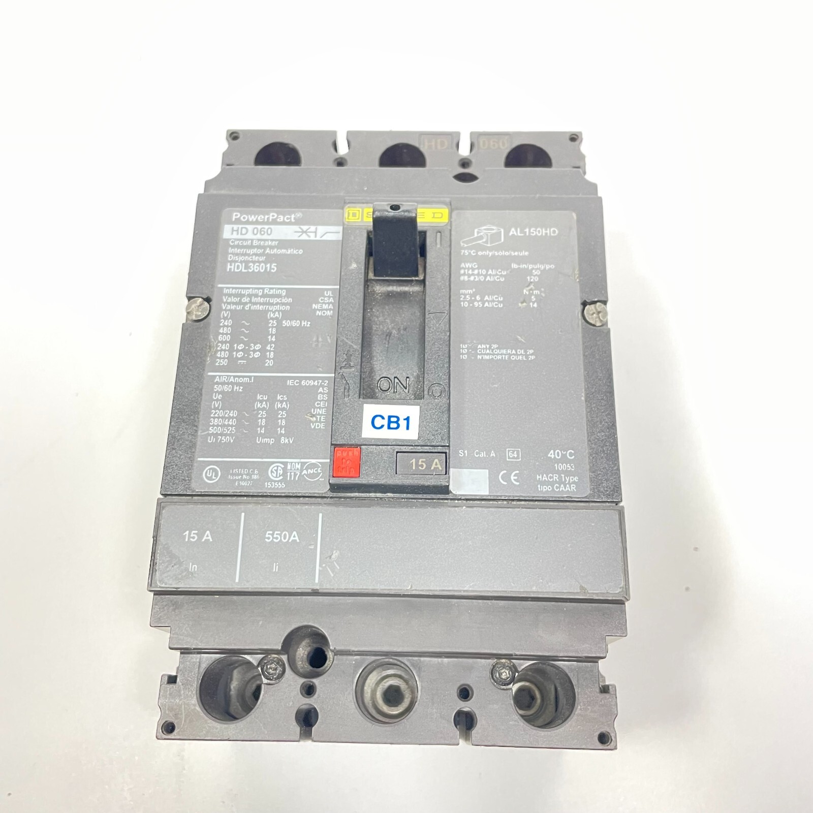 SQUARE D HDL36015 CIRCUIT BREAKER 3POLE 15AMP 600VAC