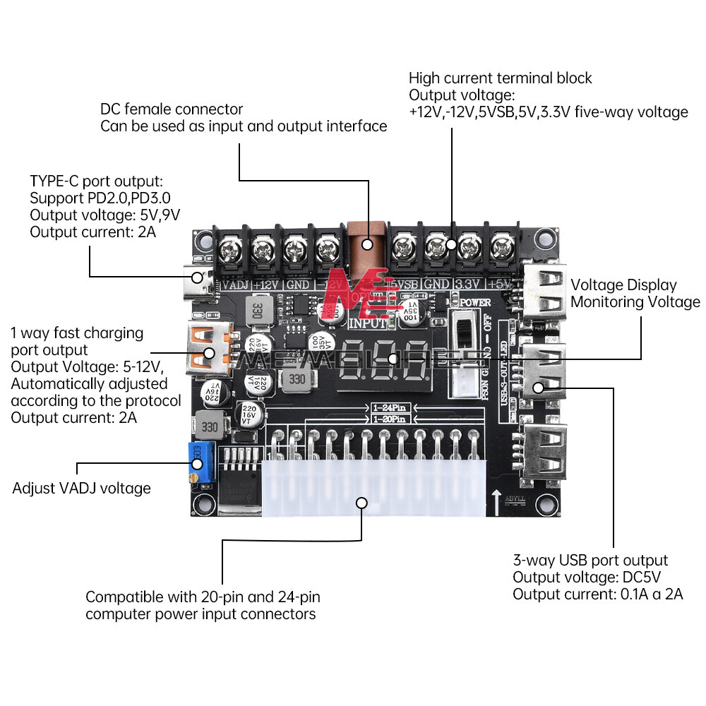 20/24Pin ATX Power Supply Breakout Board Adjustable Voltage Module + Case USA