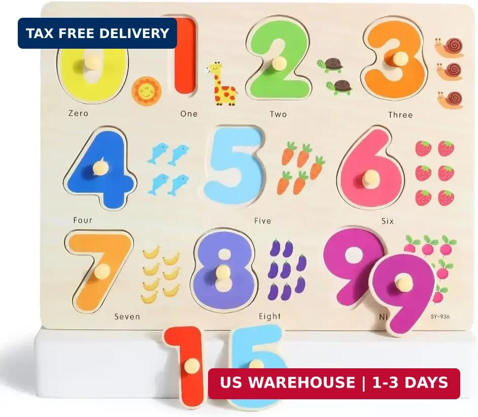 GRINNNIE Wooden Montessori Toddler Puzzles for 3 4 5 Years Old, 3 Pcs (Number, L