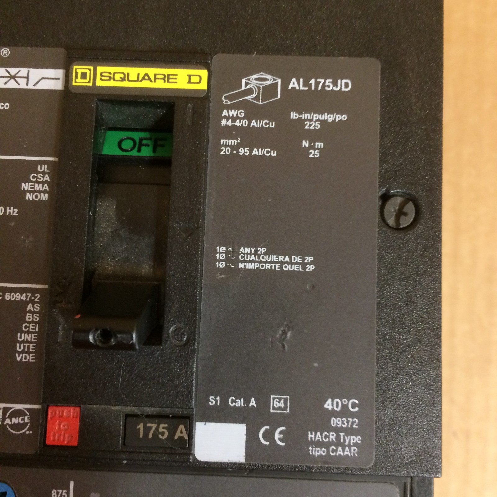 SQUARE D JDA36175 175A 3-PHASE 3-POLE 600V I-LINE POWERPACT J CIRCUIT BREAKER