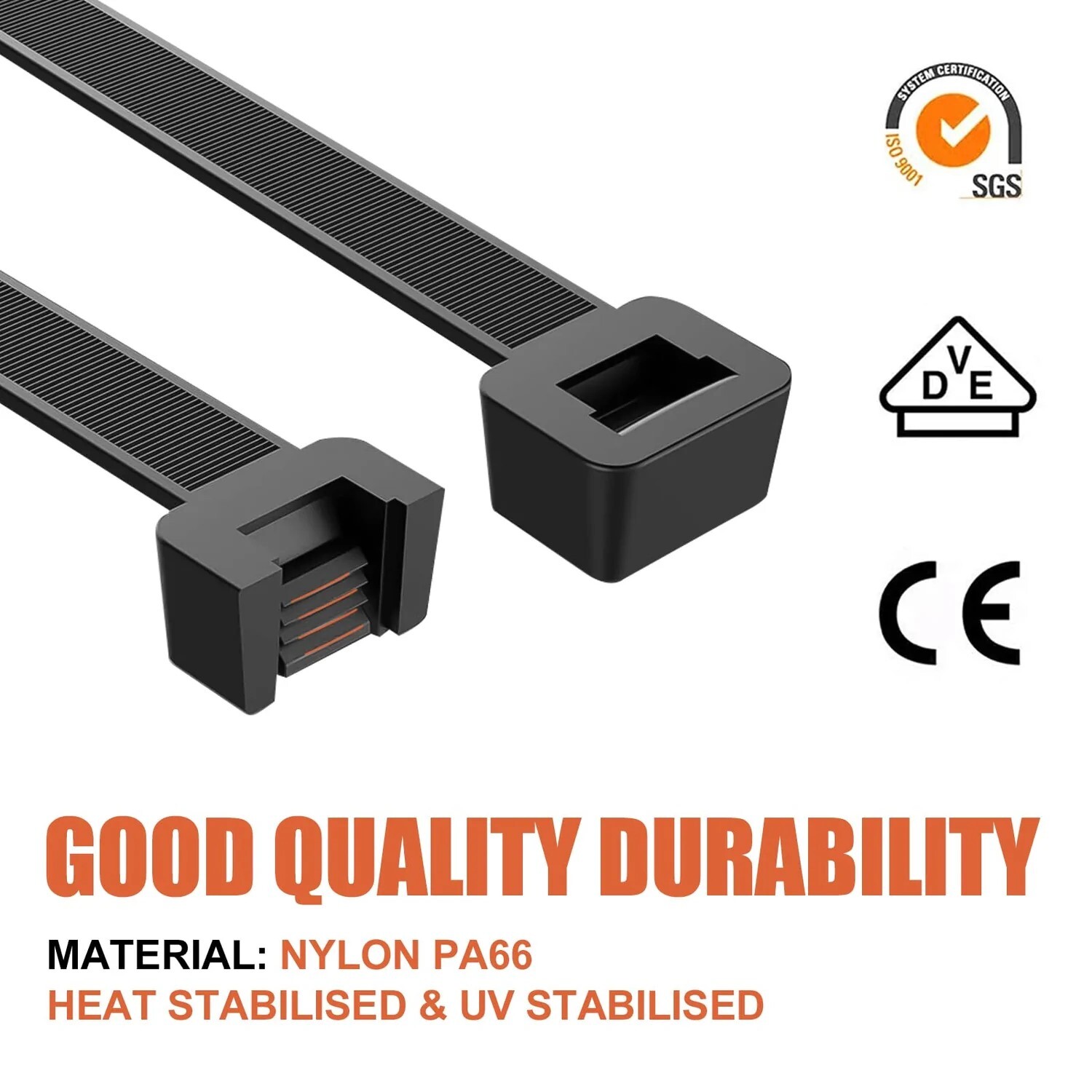 200 Strong Cable Wire Zip Ties 50lb Strength USTC Polyamide Black 8″ 188mm