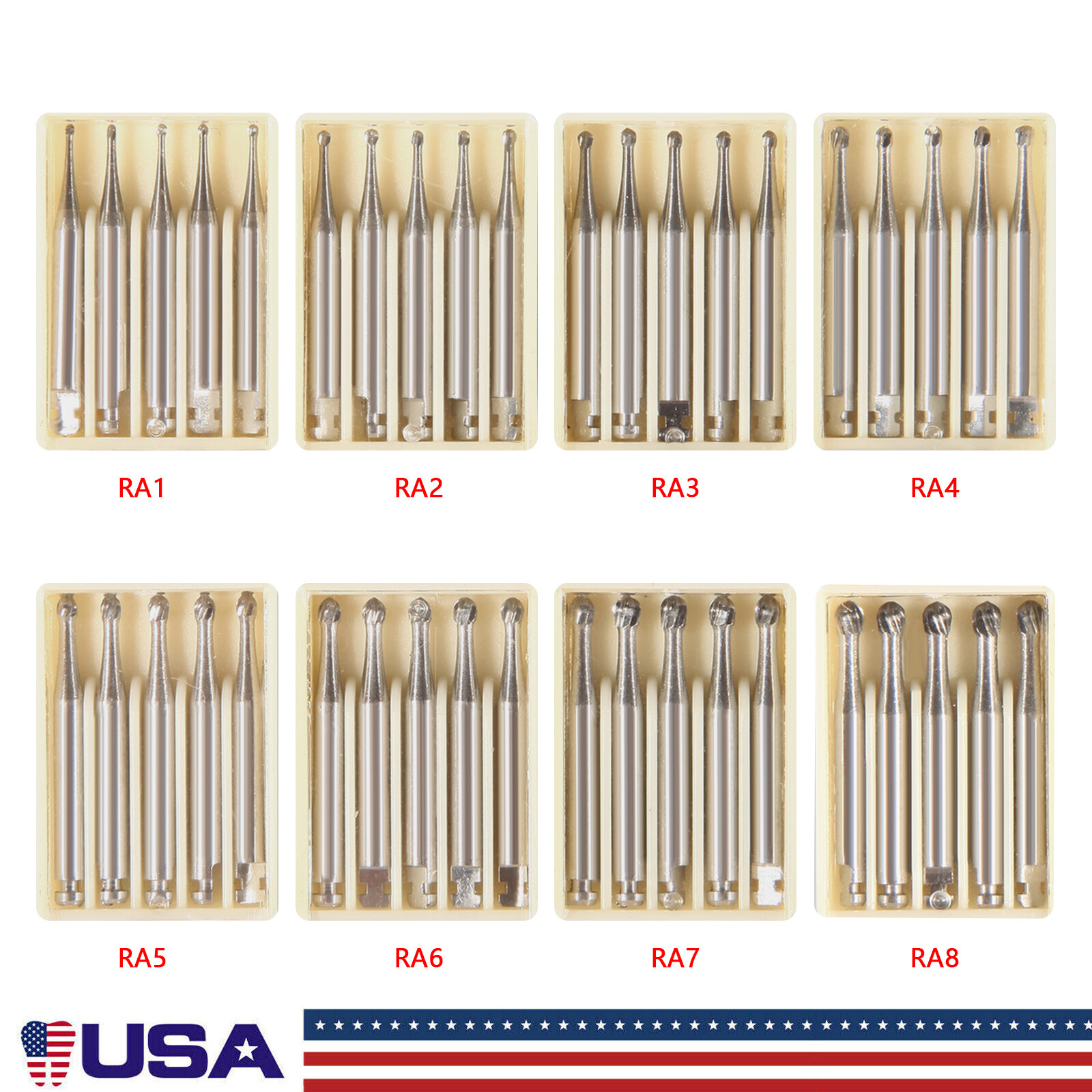 5pcs Dental Round Carbide Burs RA 1-8/ Latch Type Contra Angle Handpiece