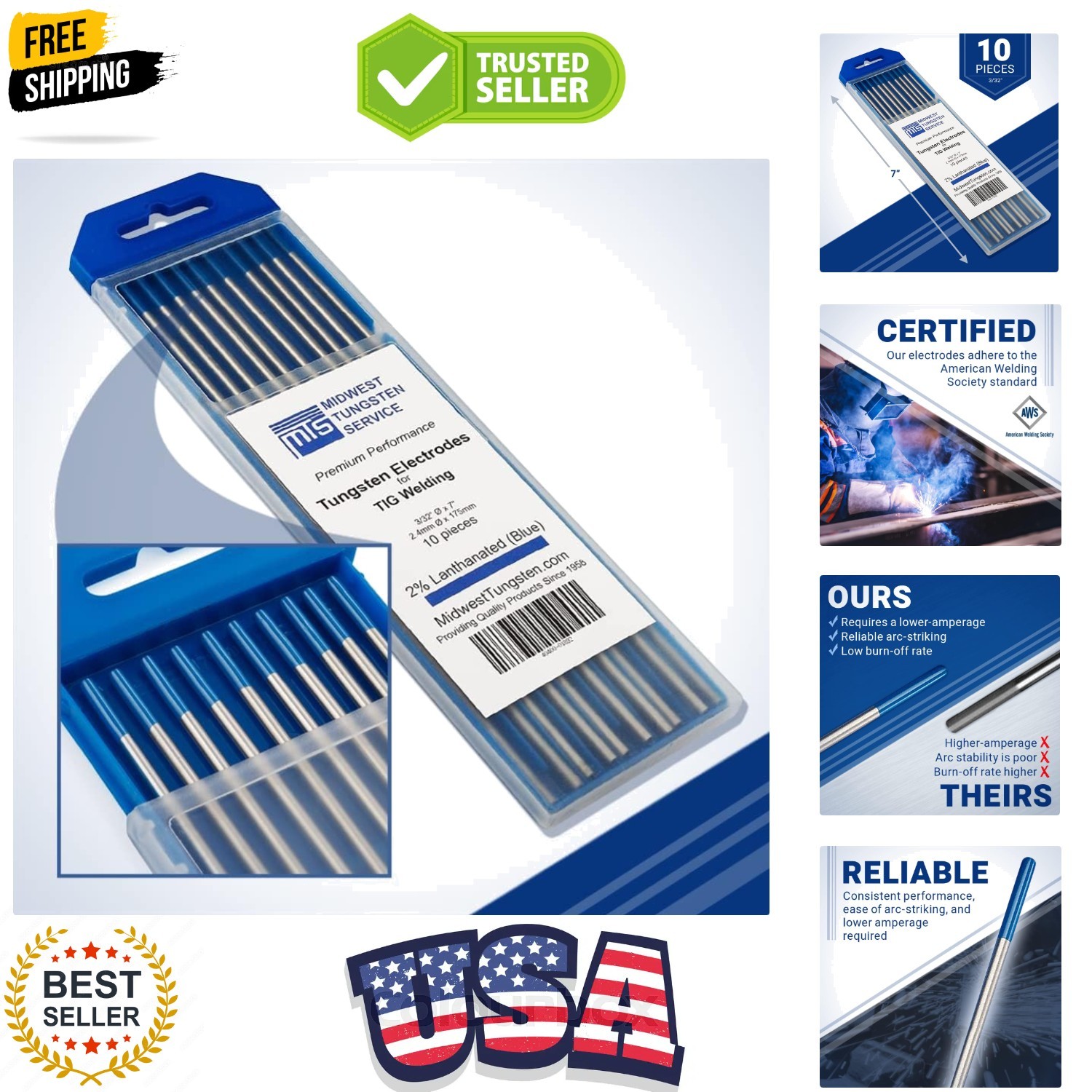 TIG Welding Tungsten Electrodes 10-Pack Blue – 2% Lanthanated Tungsten WL20/E…