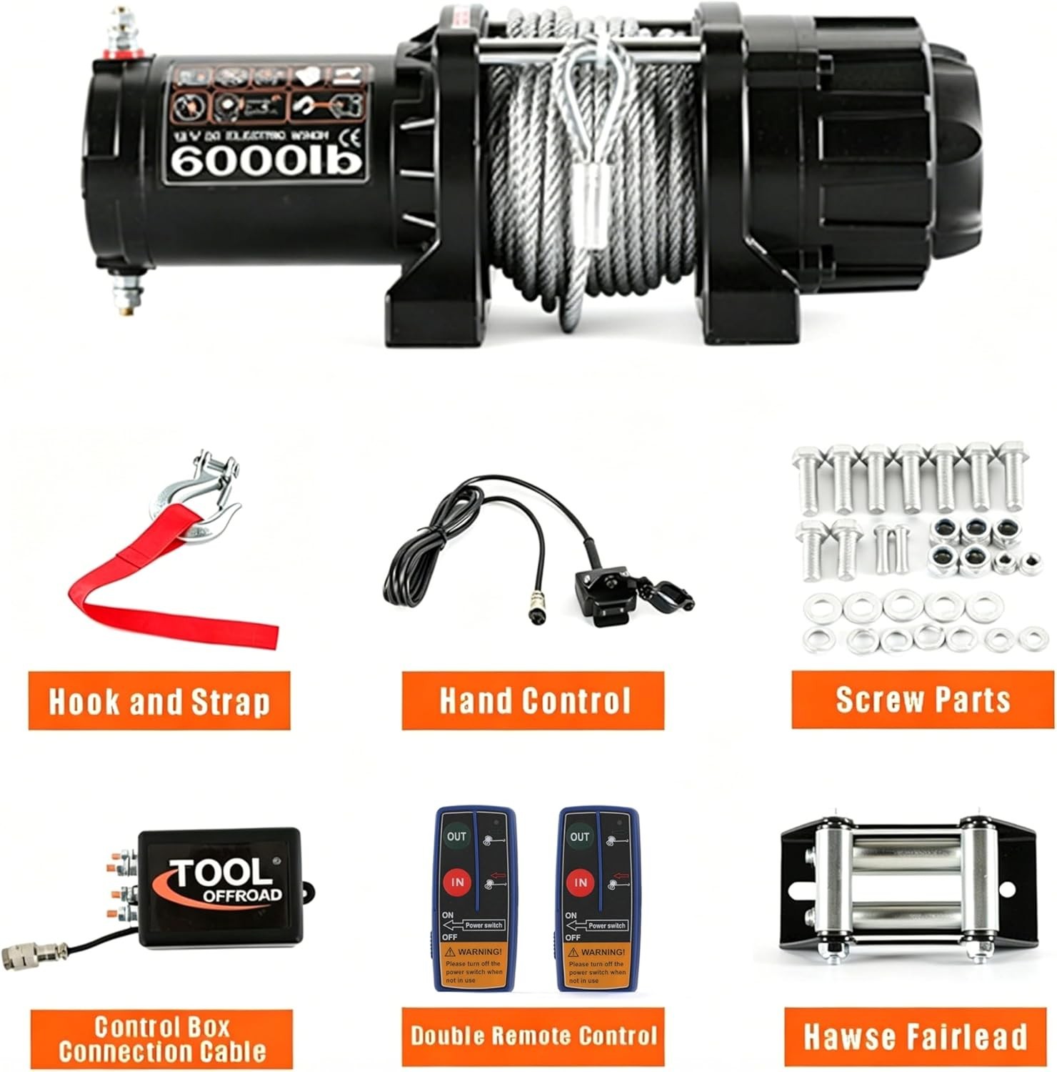 6000 lbs Waterproof Electric Winch, 12V DC Steel Rope Trailer Winch