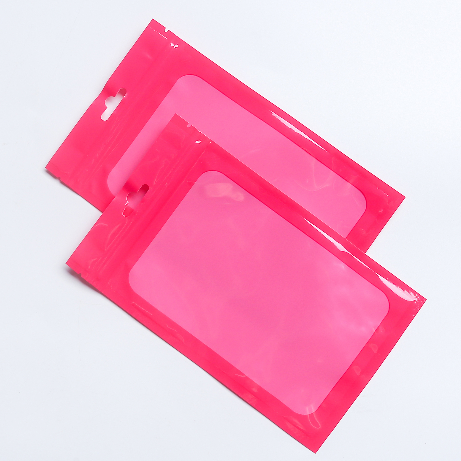 100 Clear Window Glossy Pink Flat Beauty Storage Zipper Pouch w. Hang Hole