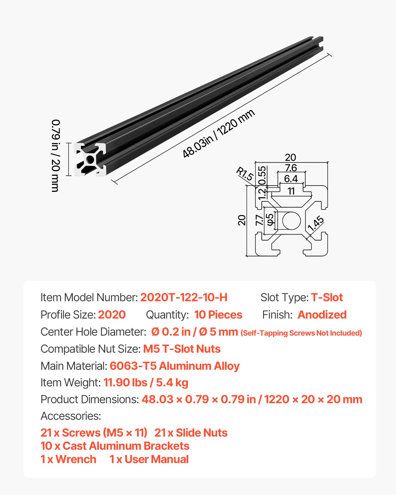 VEVOR 10PCS 2020 Aluminum Extrusion 48″ 1220 mm T Slot Linear Rail Black