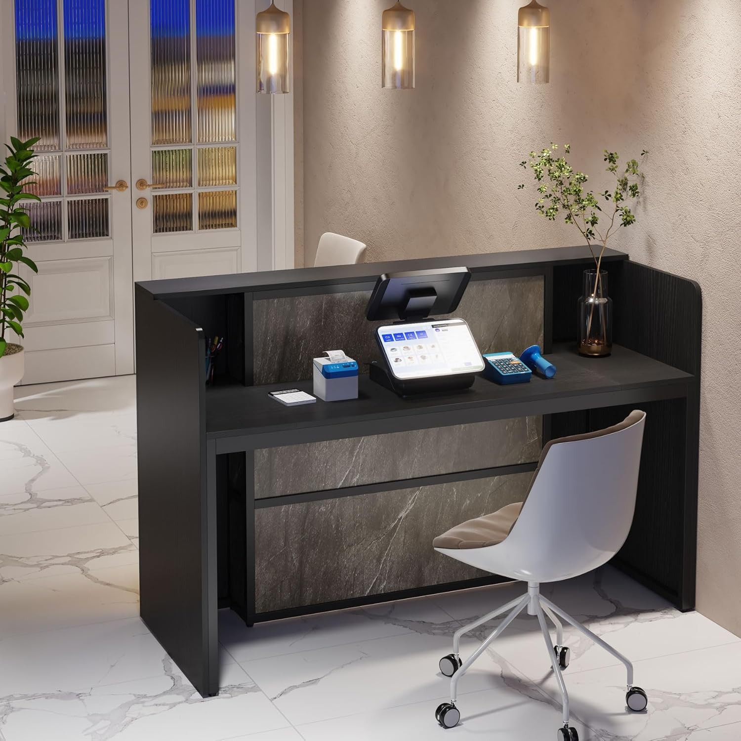 Reception Desk with LED Lights, 63-Inch Front Counter Desk for Checkout, Lobby