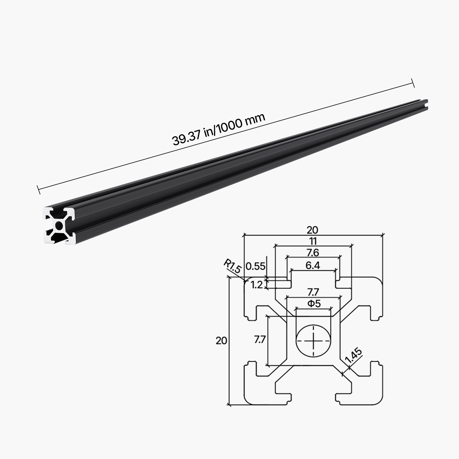 10PCS 39.4in (1000mm) T Slot 2020 Aluminum Extrusion Anodized Linear Rail