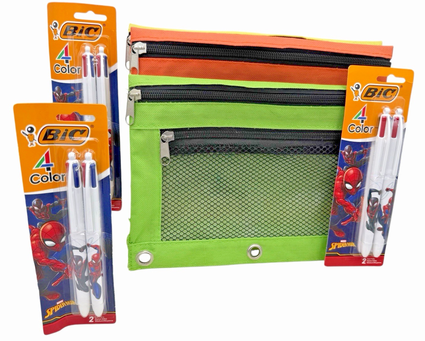 3 Packs of Bic 4 Color Marvel Spiderman Retractable Pens w 3 Bonus Pencil Cases