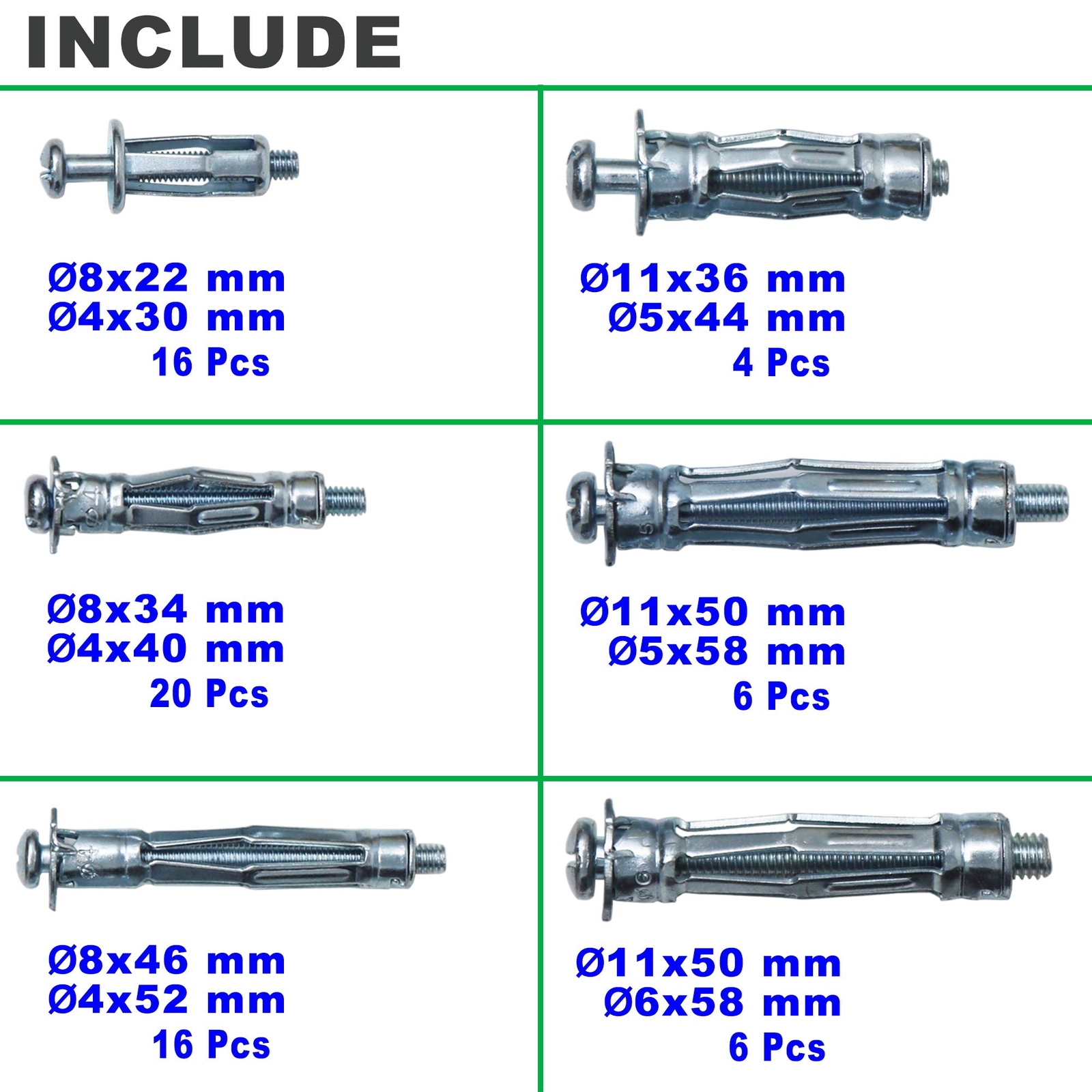 Heavy Duty Zinc Plated Steel Molly Bolt Hollow Drive Wall Anchor Screws Set for