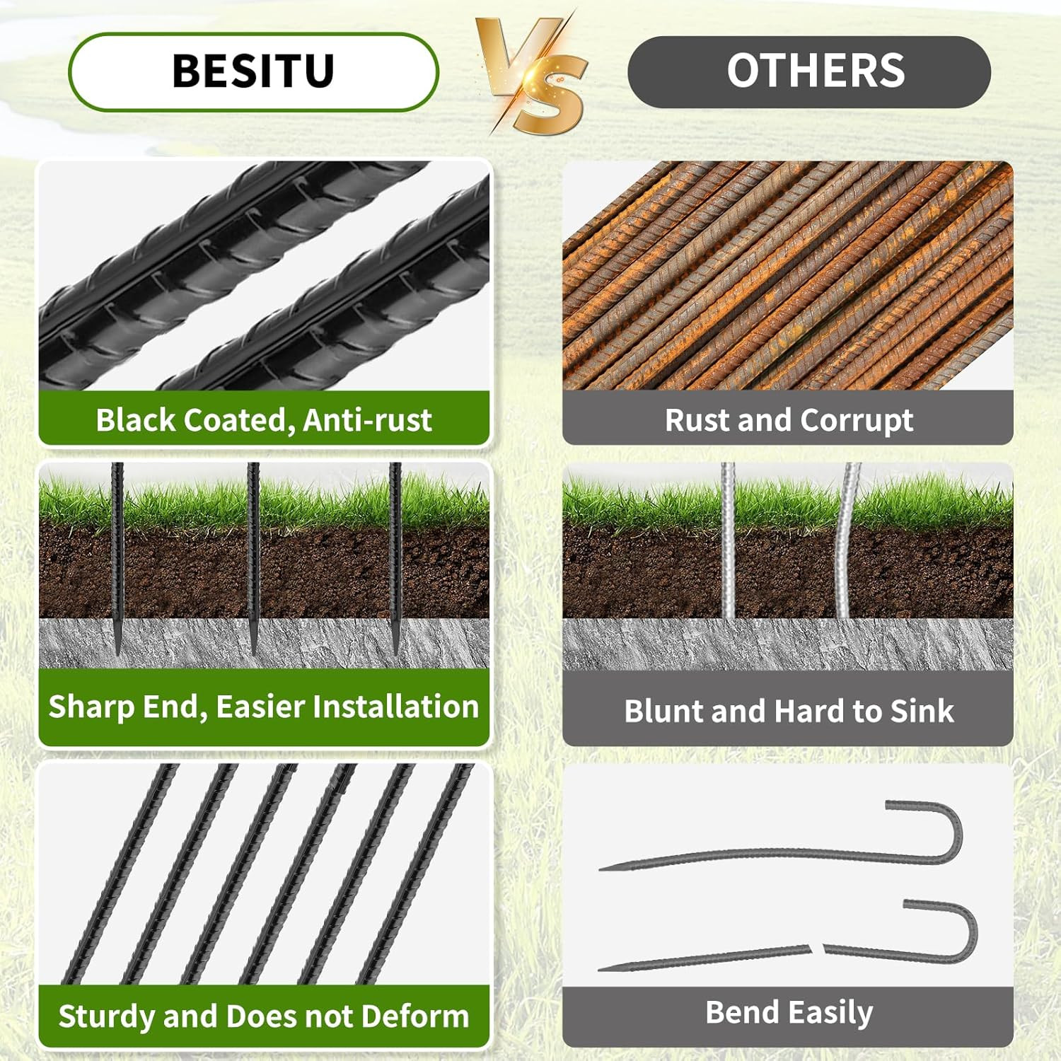 24 Inches J Hook Rebar Stakes (16-Pack), Extra Long Garden Stakes with Chisel Po