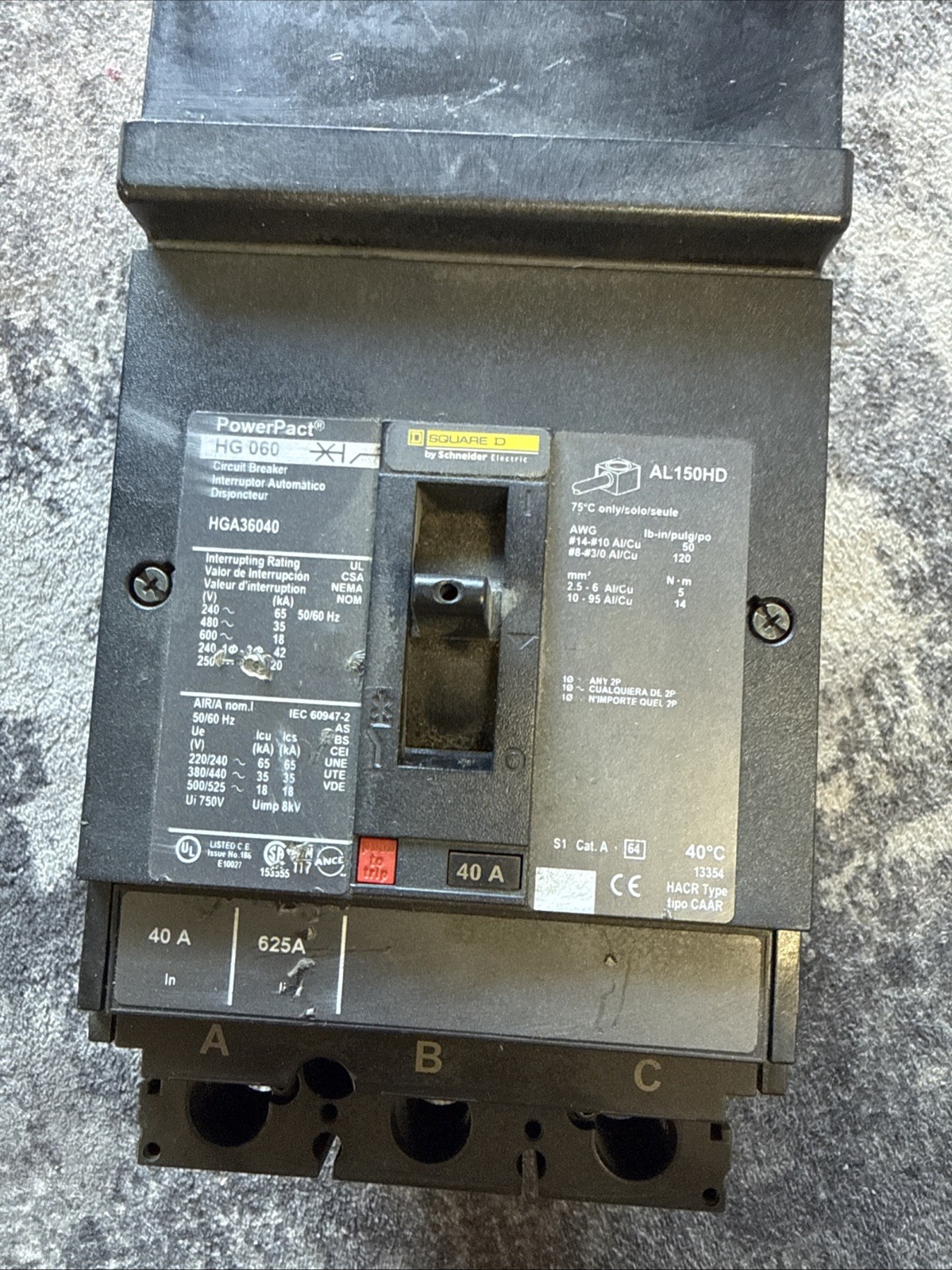 Square D HGA36040 40A 600V 3-Pole Main Circuit Breaker