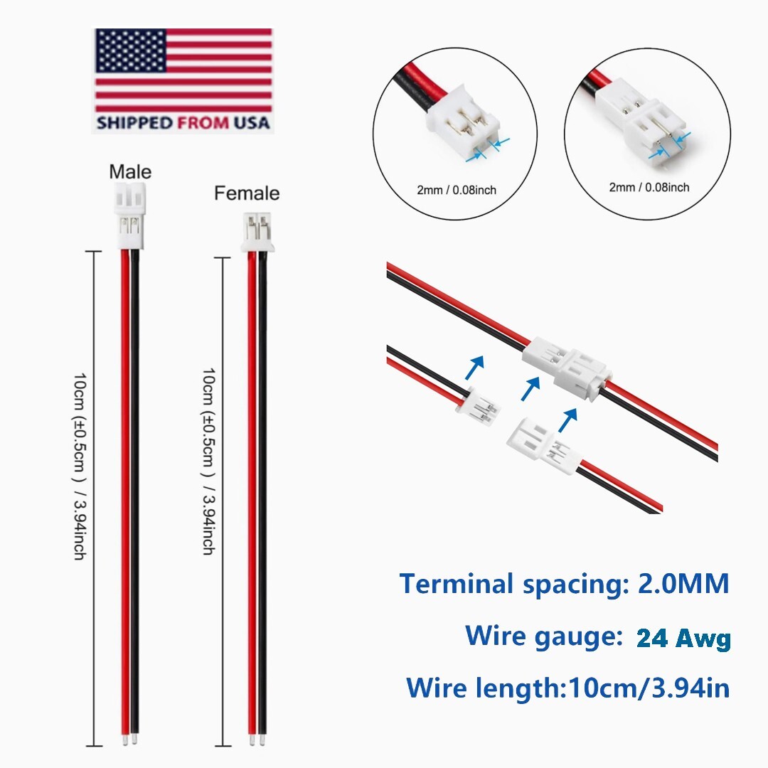 2.0 JST-PH 2 Pin Connector Leads Male/ Female with Wire 24AWG