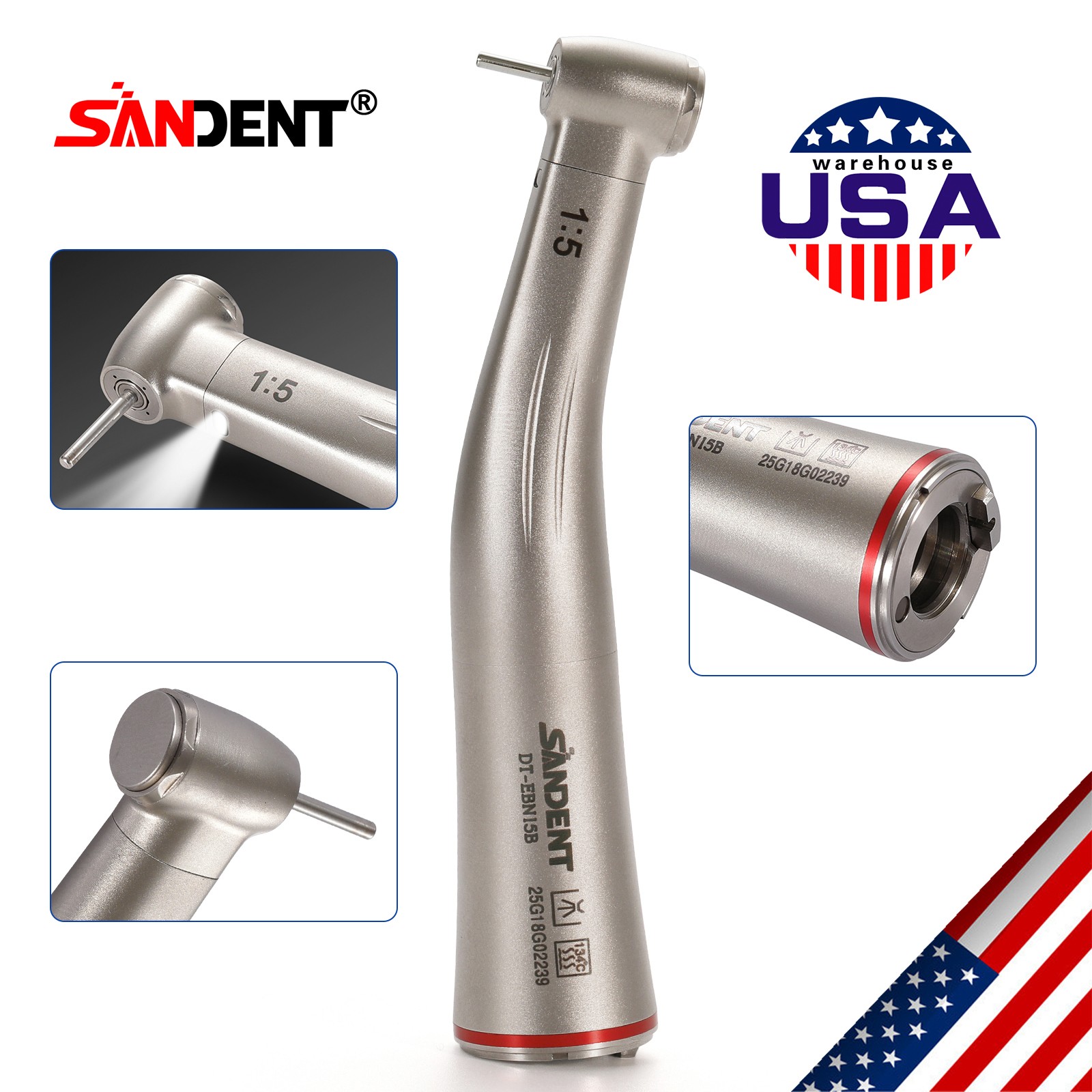 Dental 1:5 Contra Angle Fiber Optic LED Low Speed Handpiece Standard Head