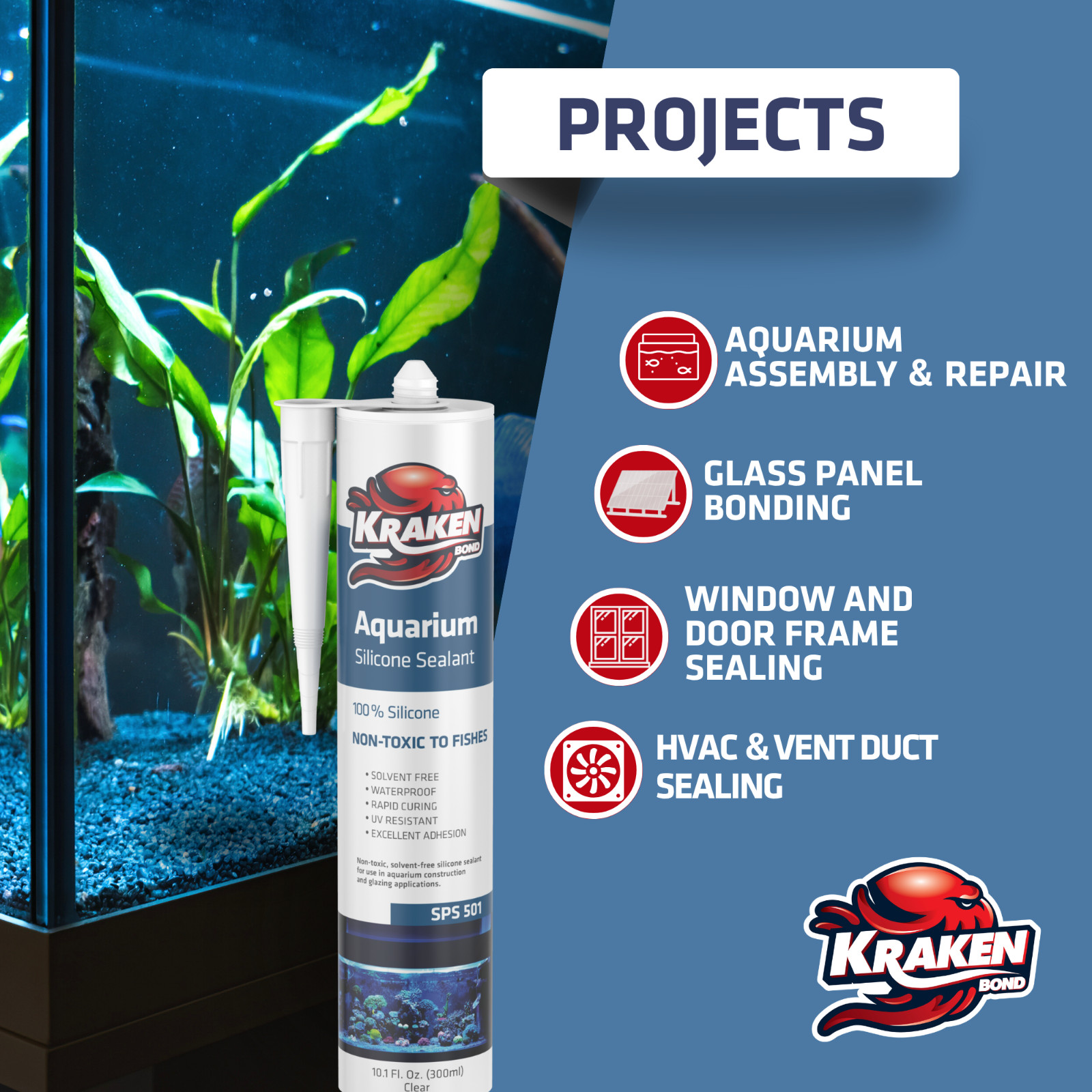 Kraken Bond Aquarium 100% Silicone Sealant, 10.1oz 2 Pack – Clear