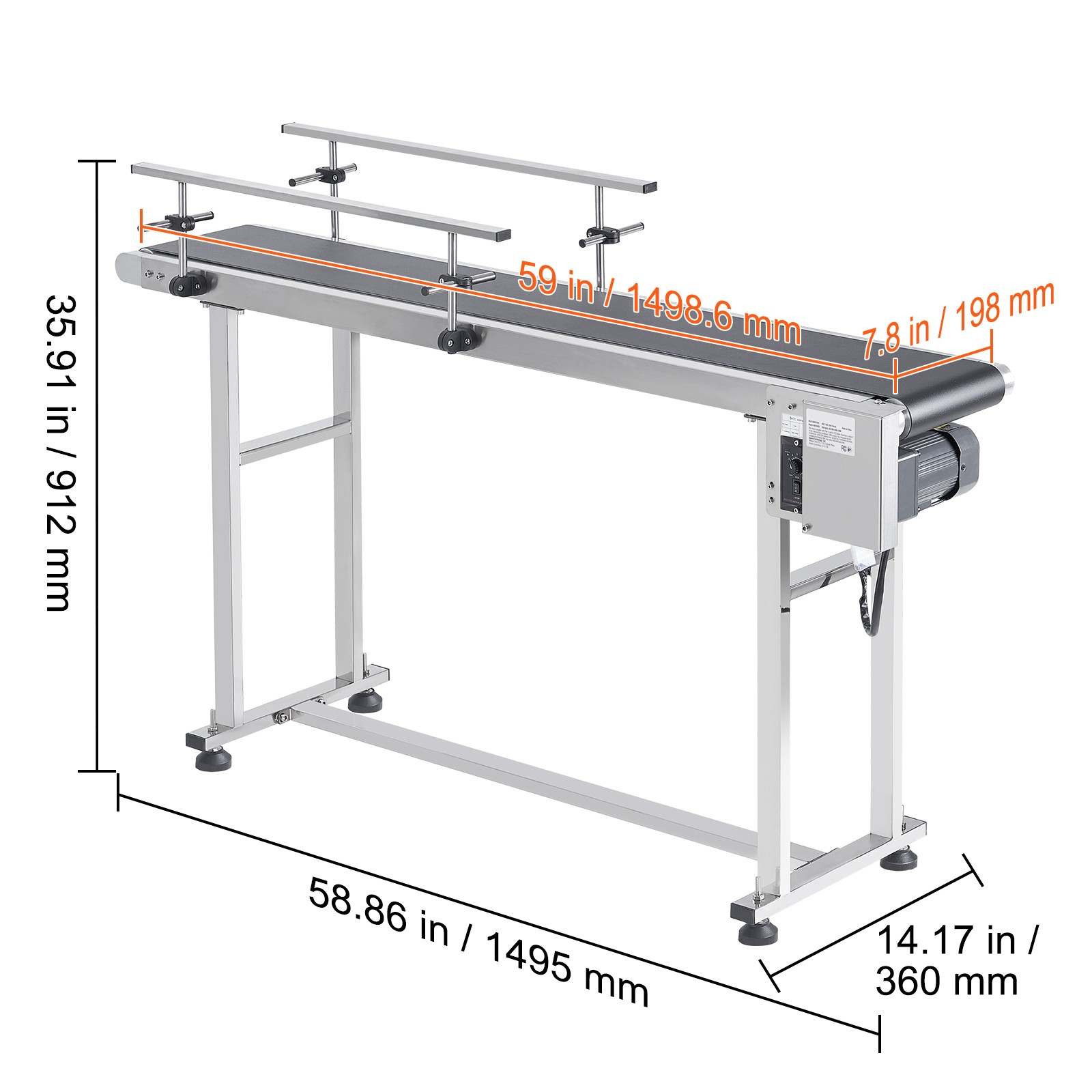 VEVOR Belt Conveyor PVC Stainless Steel Belt Conveyor 59″x7.8″ Double Guardrail