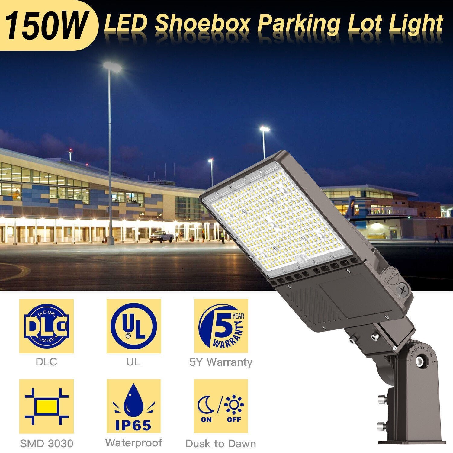 150W LED Parking Lot Light 22,500LM Outdoor Commercial Shoebox Street Fixture UL