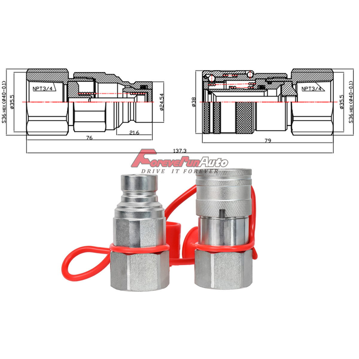 2 Sets 3/4″ NPT Flat Face Hydraulic Quick Connect Couplers Couplings Skid Steer