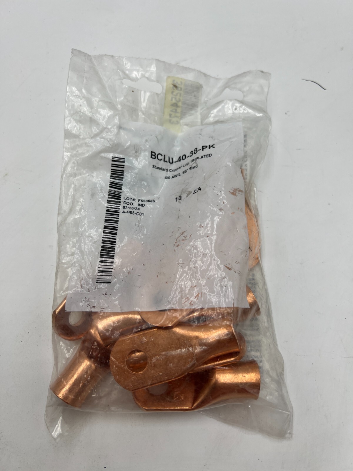 BAG OF 10 BCLU-40-38-PK Standard Copper Lug Unplated 4/0 AWG 3/8″ Stud