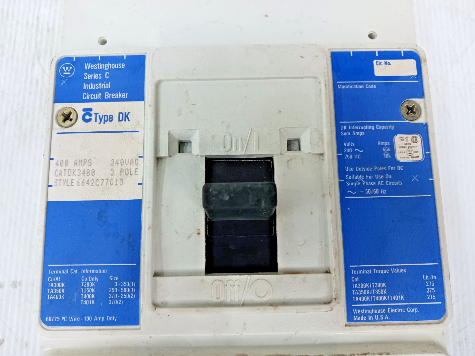 Westinghouse 400A Circuit Breaker 3P 240 VAC DK3400 W/ 400A Trip (Missing Lugs)