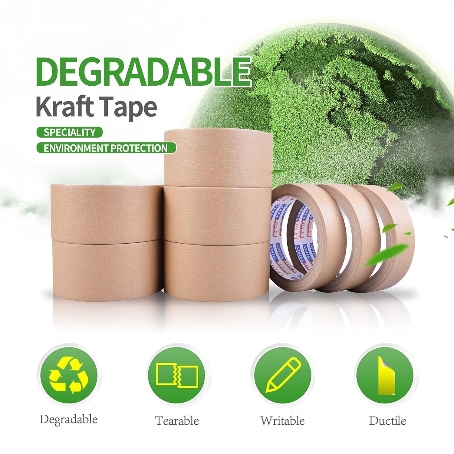 ADHES Biodegradable Kraft Paper Tape, Eco Friendly & Writable & Uncoated Paper