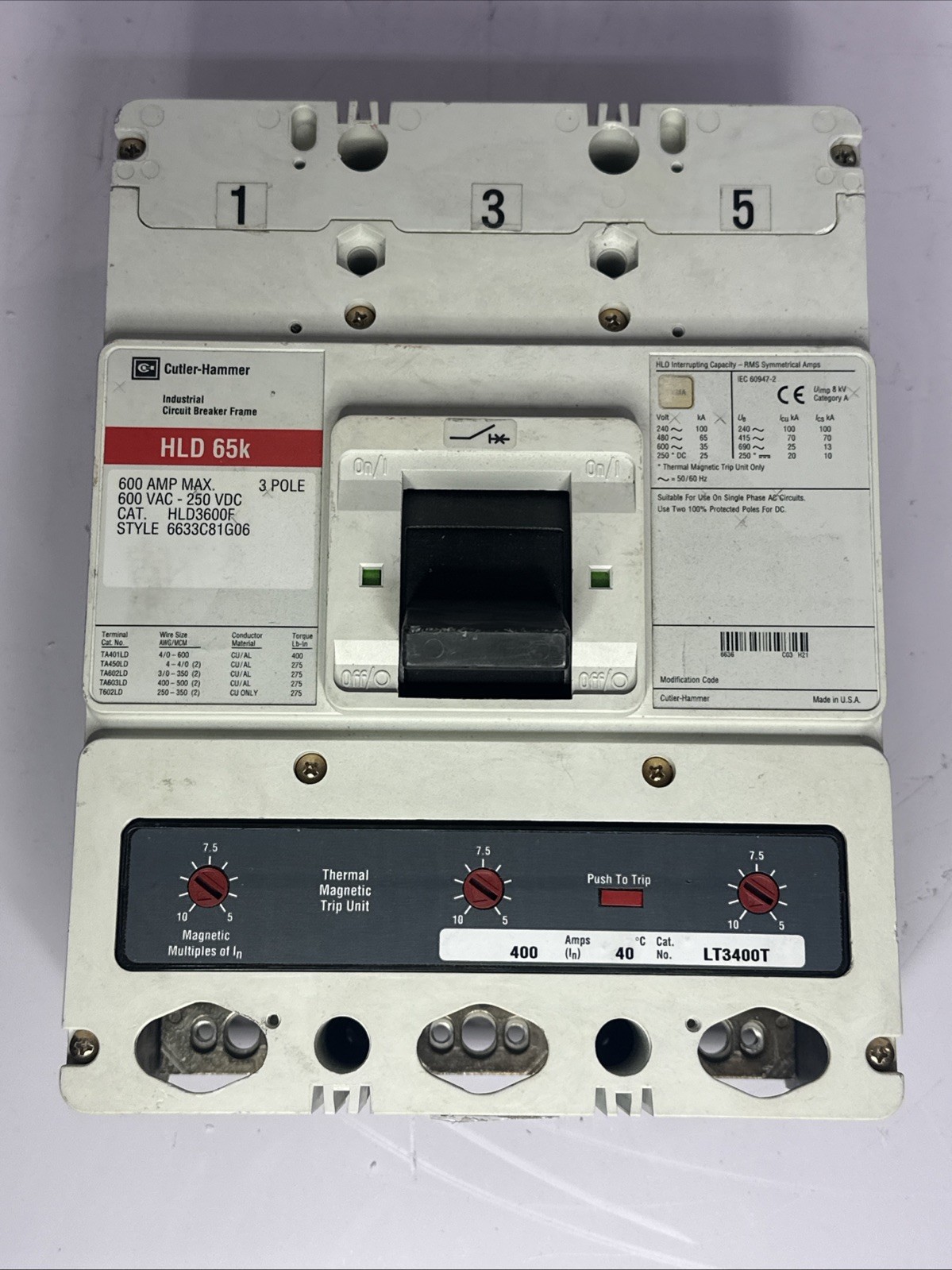 Cutler-Hammer HLD3600F W/LT3400T 3-pole 400Amp Circuit Breaker
