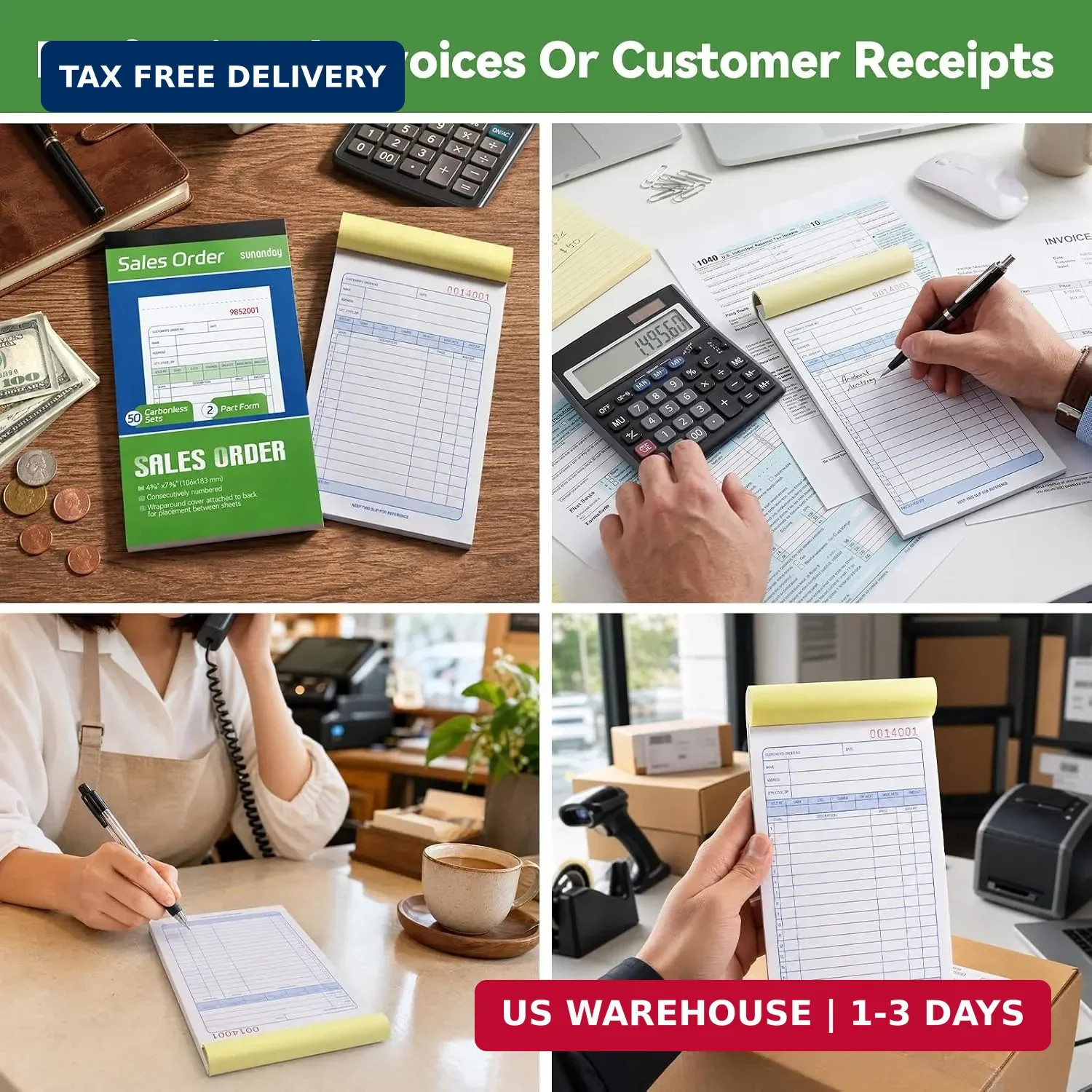 Office Products Sales Order Books, 4 Pack, 2-Part Carbonless (White/Canary Yello
