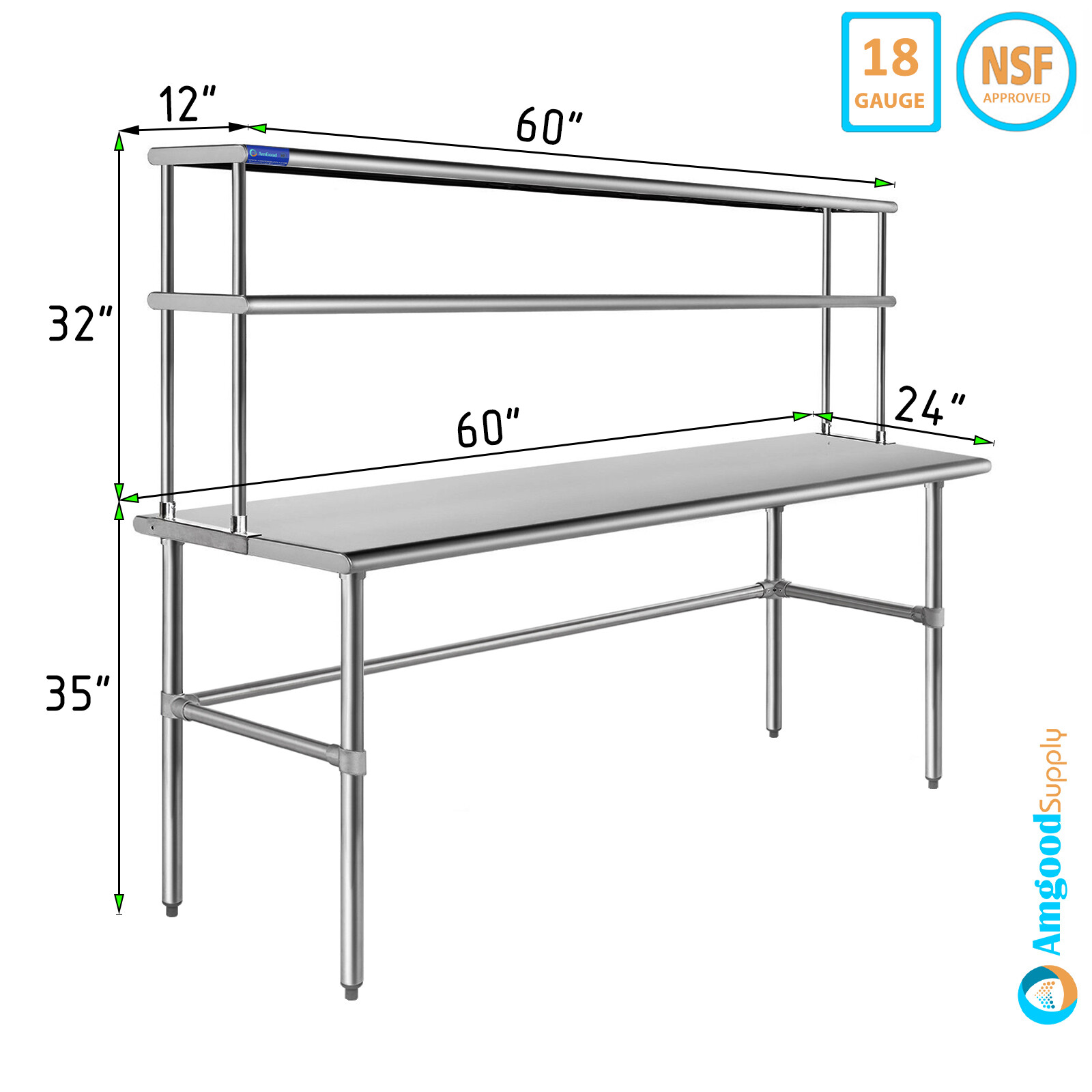 24″ x 60″ Stainless Steel Open Base Table With 12″ Wide Double Tier Overshelf