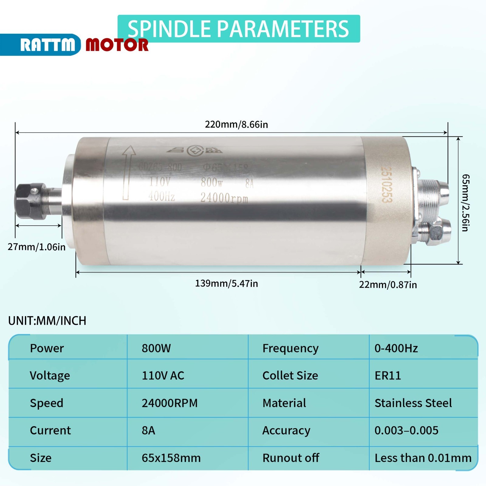 US SHIP】0.8KW 110V Water Cooled Spindle Motor 65mm+1.5KW 110V VFD Inverter