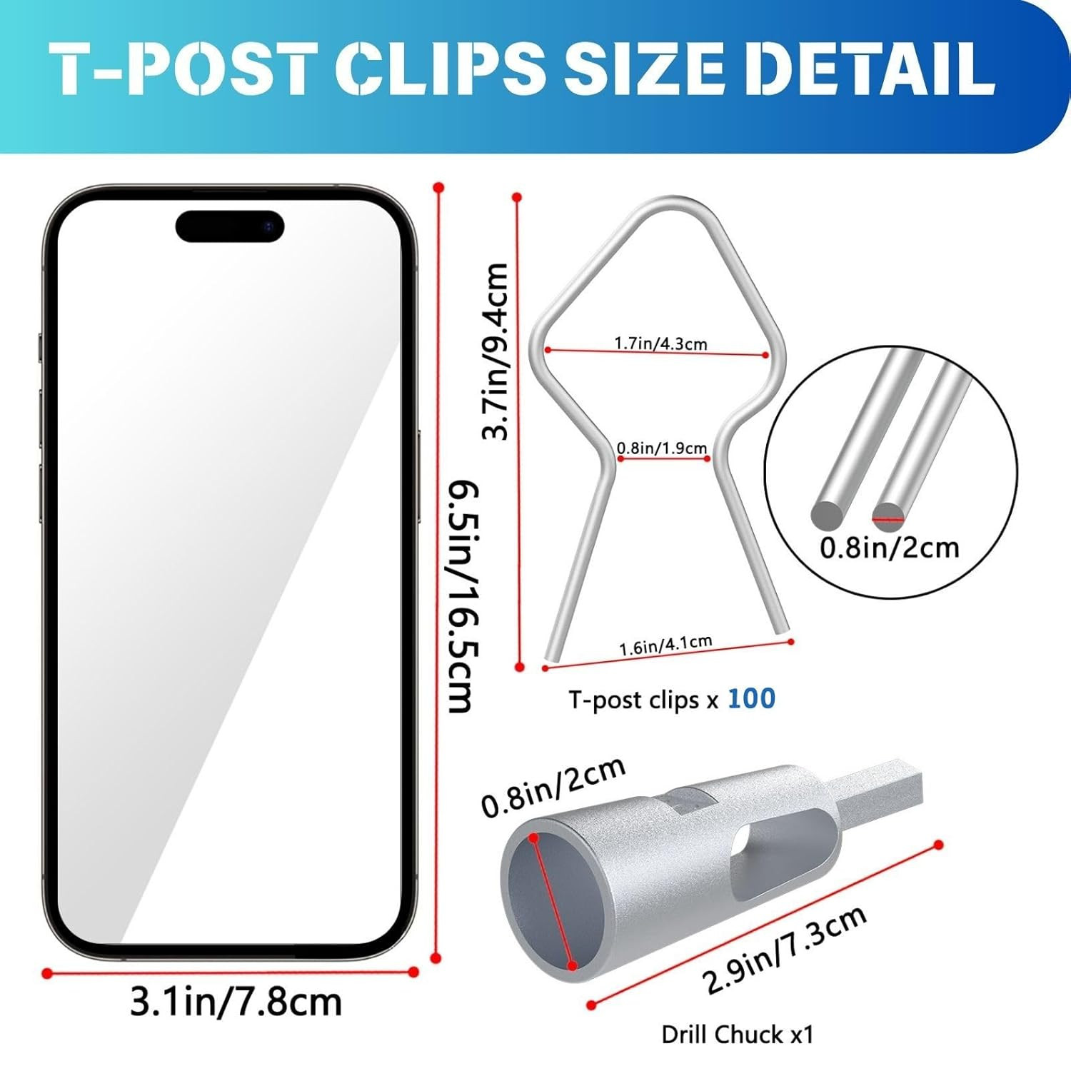 100-Pack T-Post Fence Clips with Free Drill Chuck Tool,Heavy-Duty 11-Gauge Galva