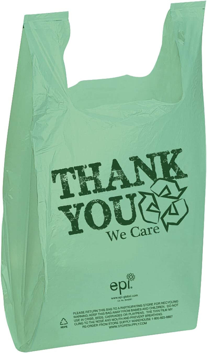 Plastic T-Shirt Bags 500 Shopping Retail 11½” x 6″ x 21 Recycled Thank You Green