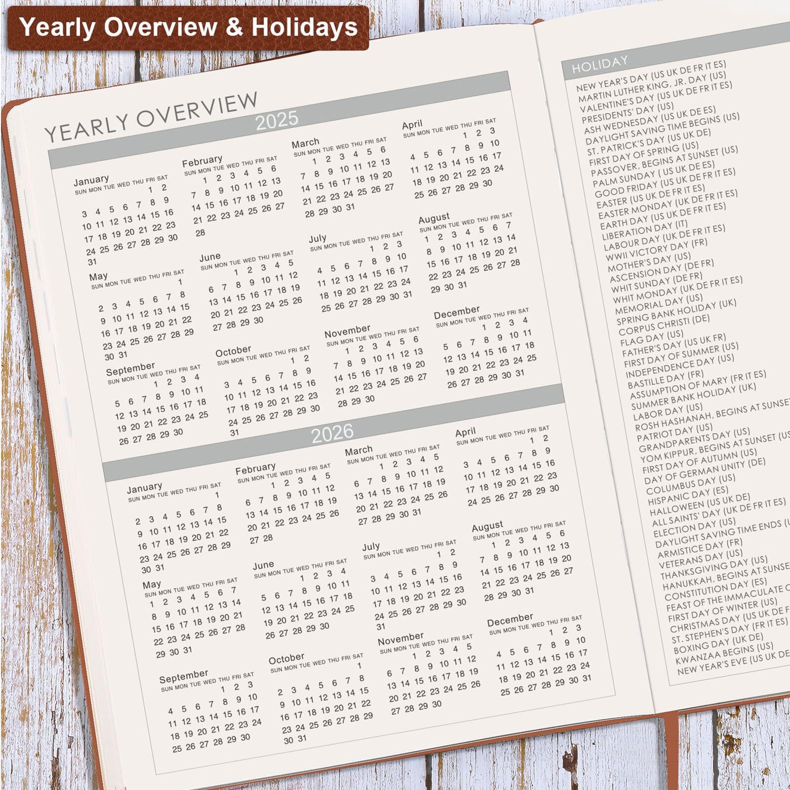 2025 Daily Weekly and Monthly Planner January to December Leather Cover Brown