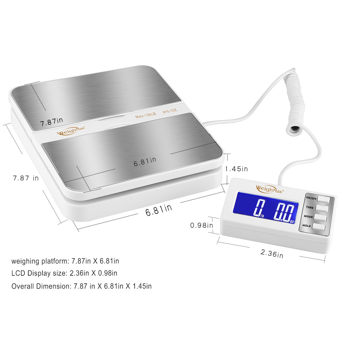 Weighmax 130LB Extended Display Digital Shipping Postal Scale White W AC Battery