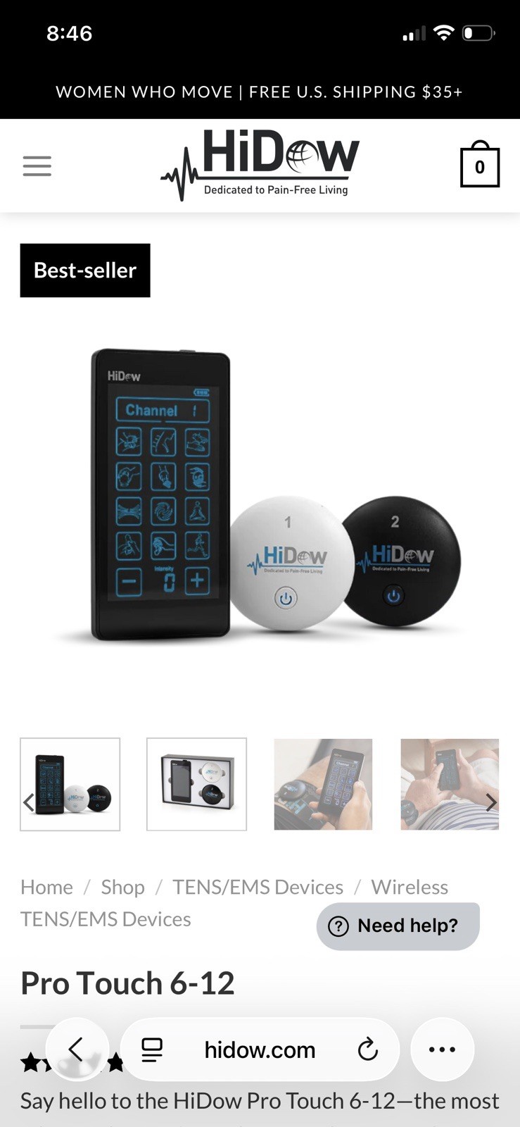 HiDow Pro Touch 6-12 Wireless TENS/EMS Unit Touchscreen with accessories