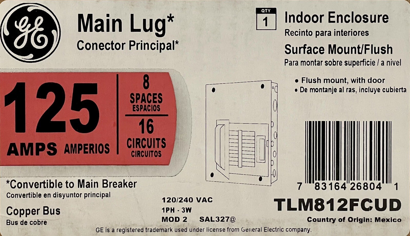 125 Amp Load Center Indoor Enclosure 8 Spaces 16 Circuits Copper Bus 120/240 VAC