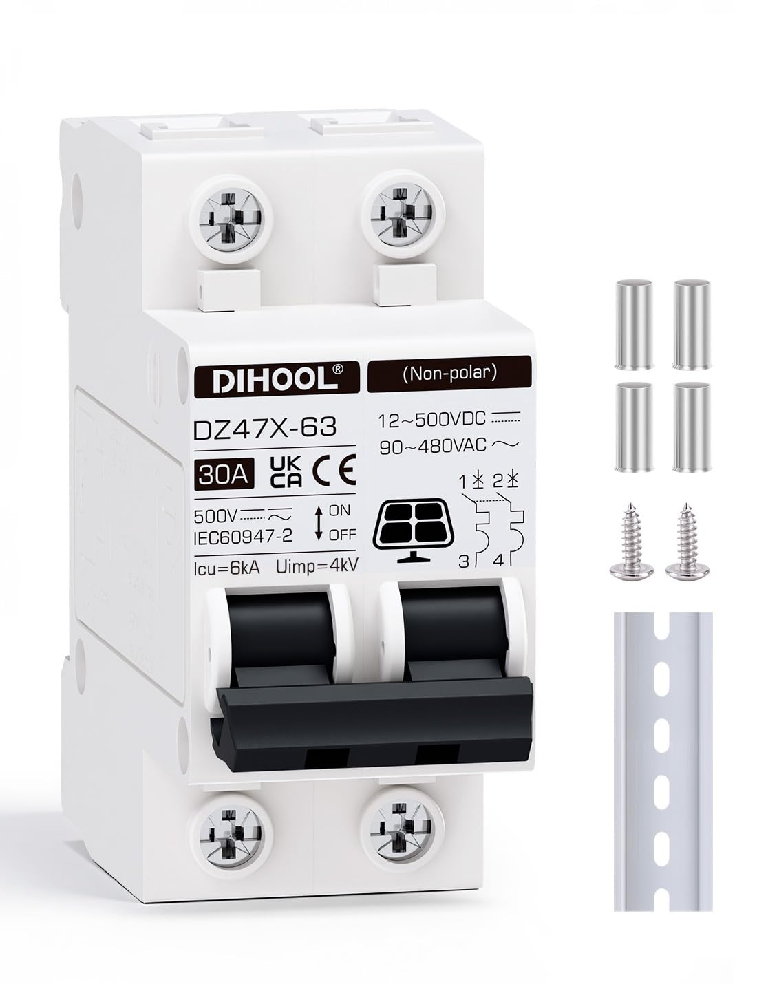 Solar Disconnect Switch, 30 Amp 2 Pole, DIN Rail Mount, Non Polarized, 12V 24V 4