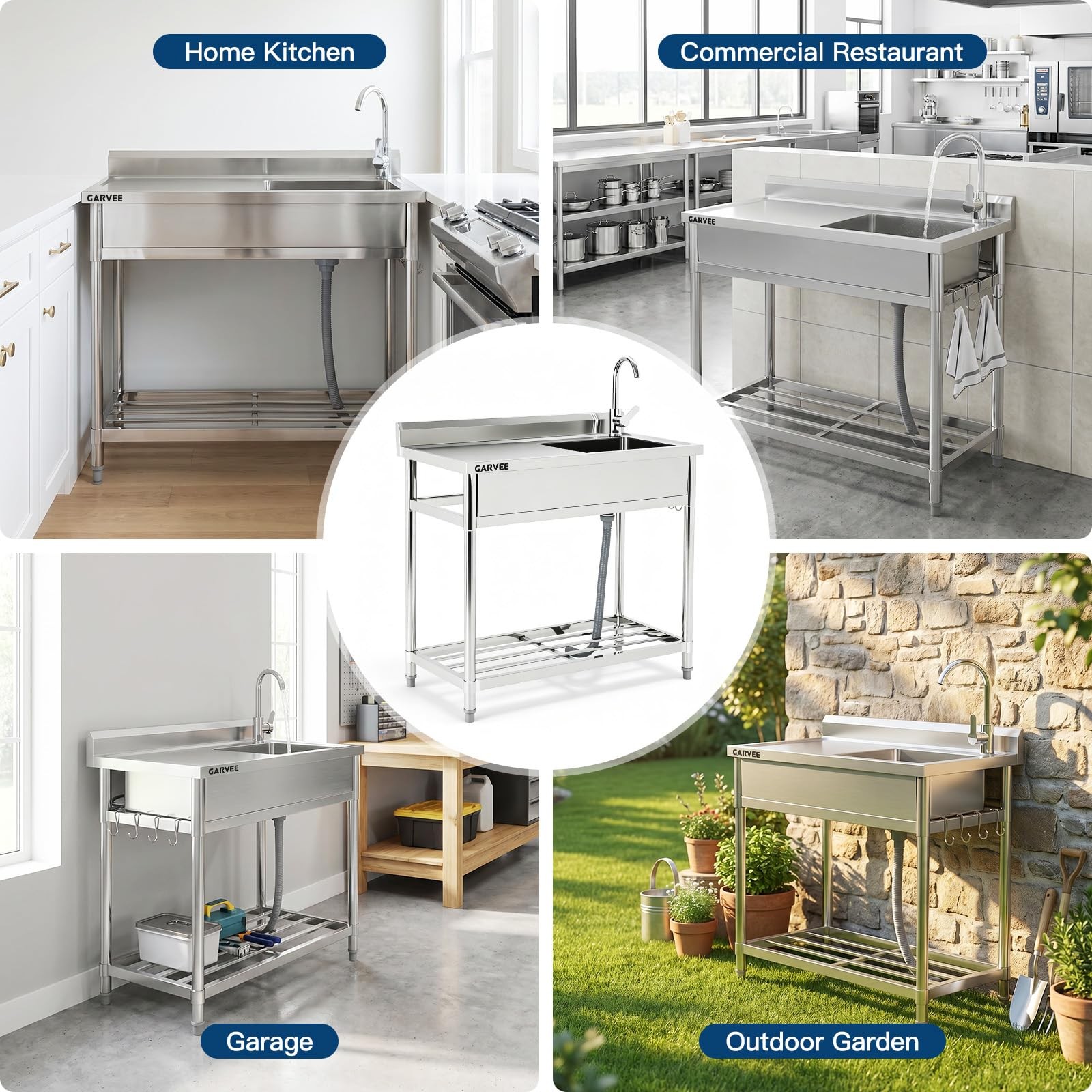 Stainless Steel Commercial Sink Utility Sink 1 Compartment Kitchen w/Prep Table